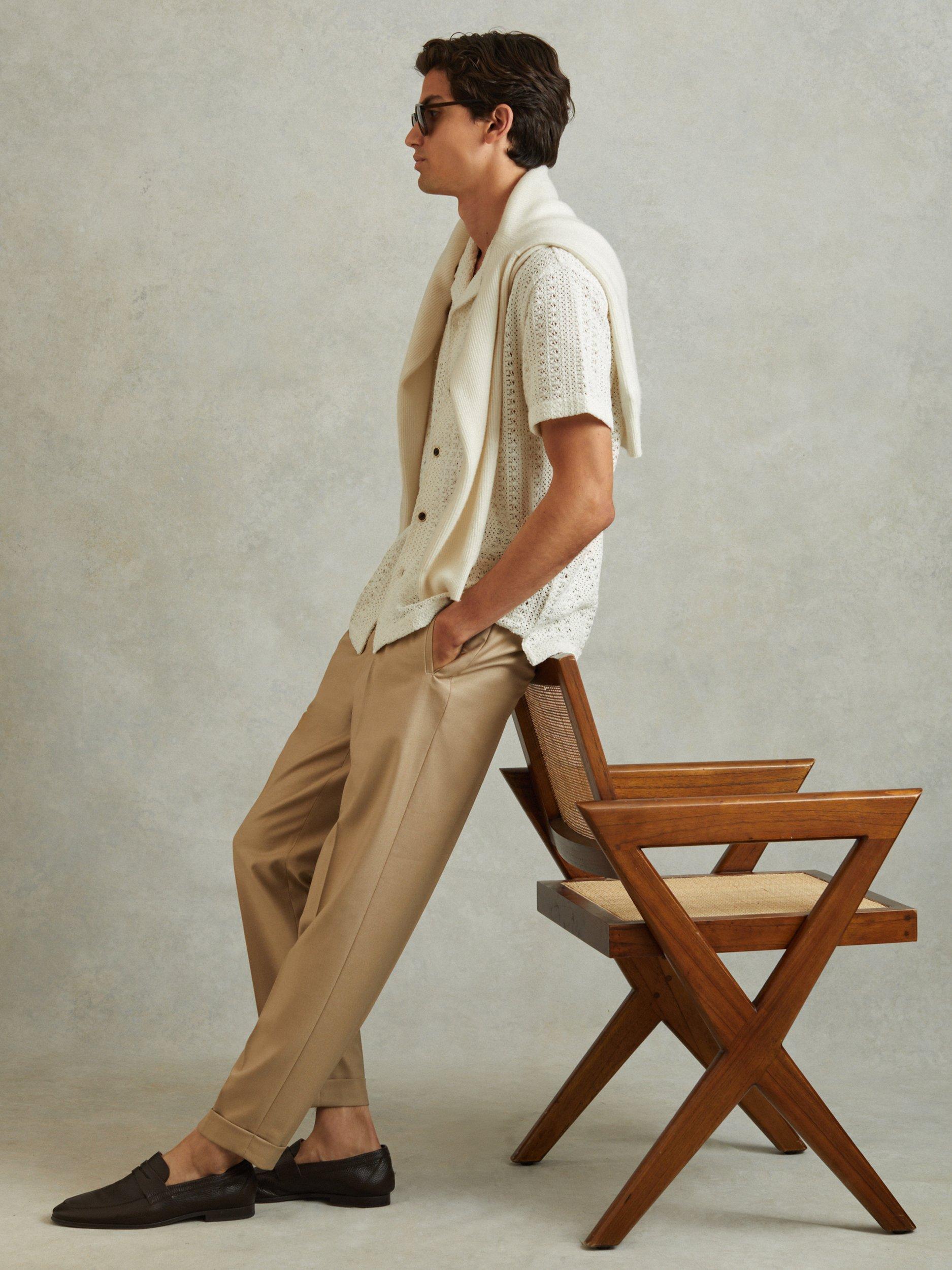 Product image 1 of 4, which shows Reiss Paradise Cotton Crochet Cuban Collar Shirt, Ecru, XS