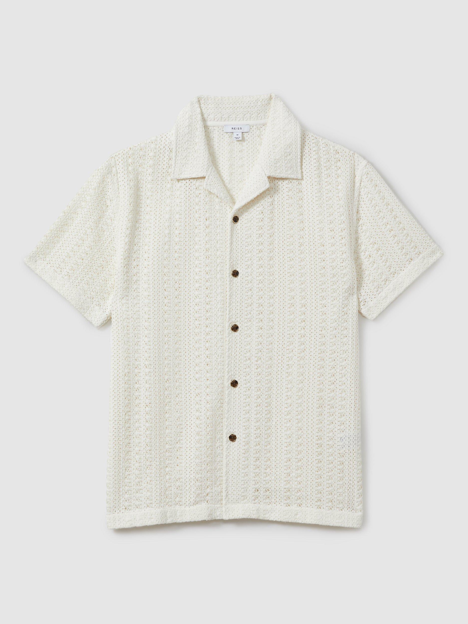 Product image 2 of 4, which shows Reiss Paradise Cotton Crochet Cuban Collar Shirt, Ecru, XS
