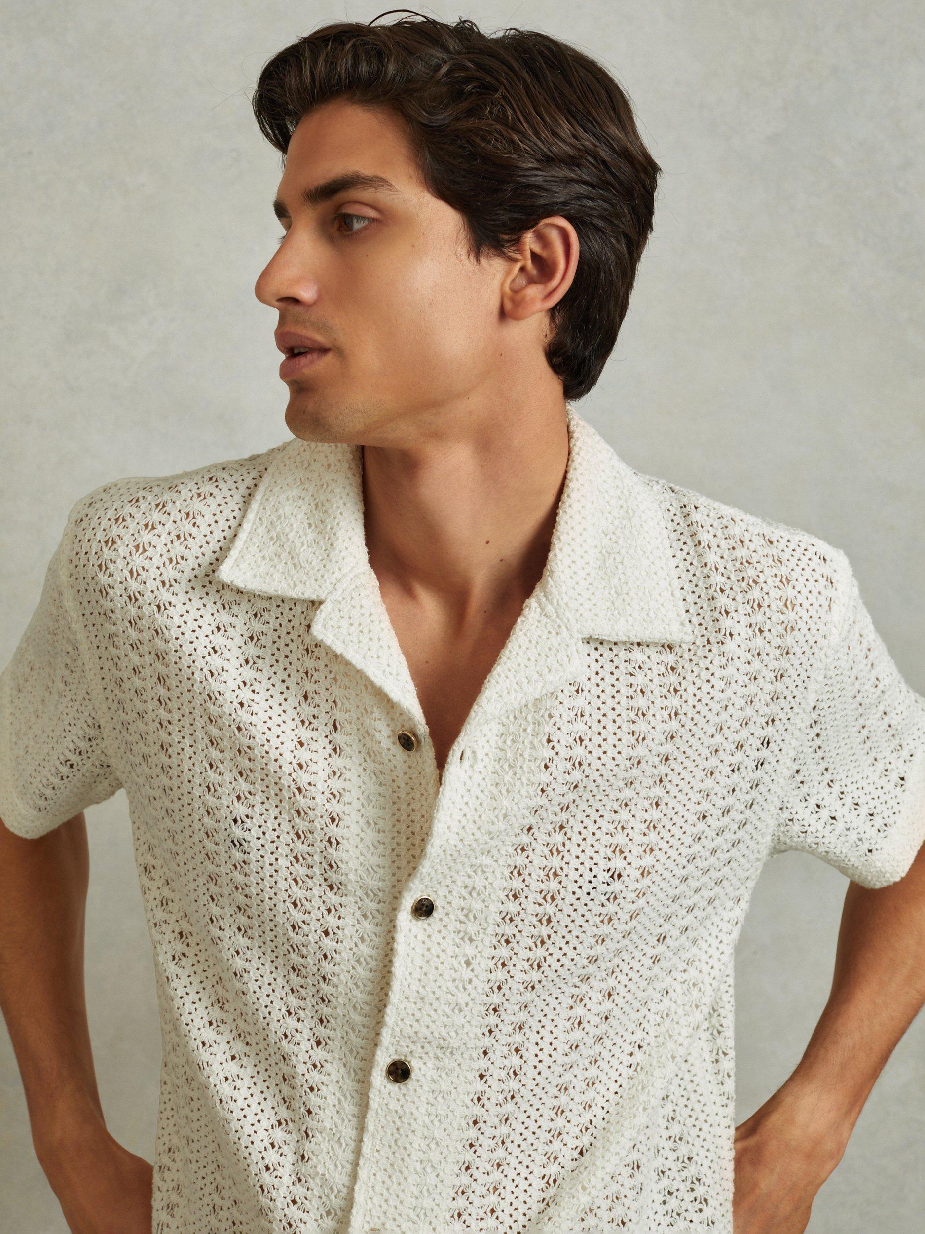 Product image 3 of 4, which shows Reiss Paradise Cotton Crochet Cuban Collar Shirt, Ecru, XS