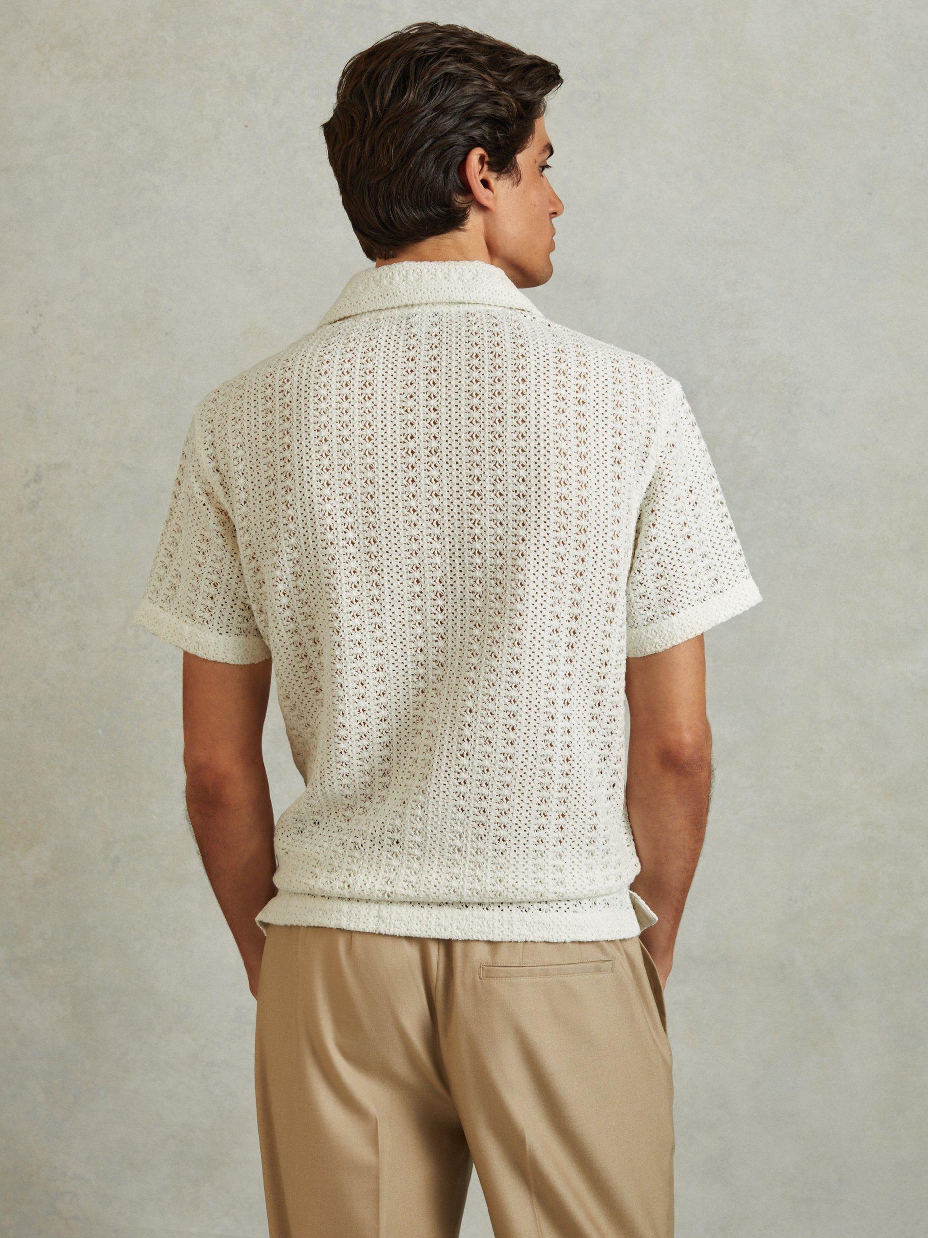 Product image 4 of 4, which shows Reiss Paradise Cotton Crochet Cuban Collar Shirt, Ecru, XS