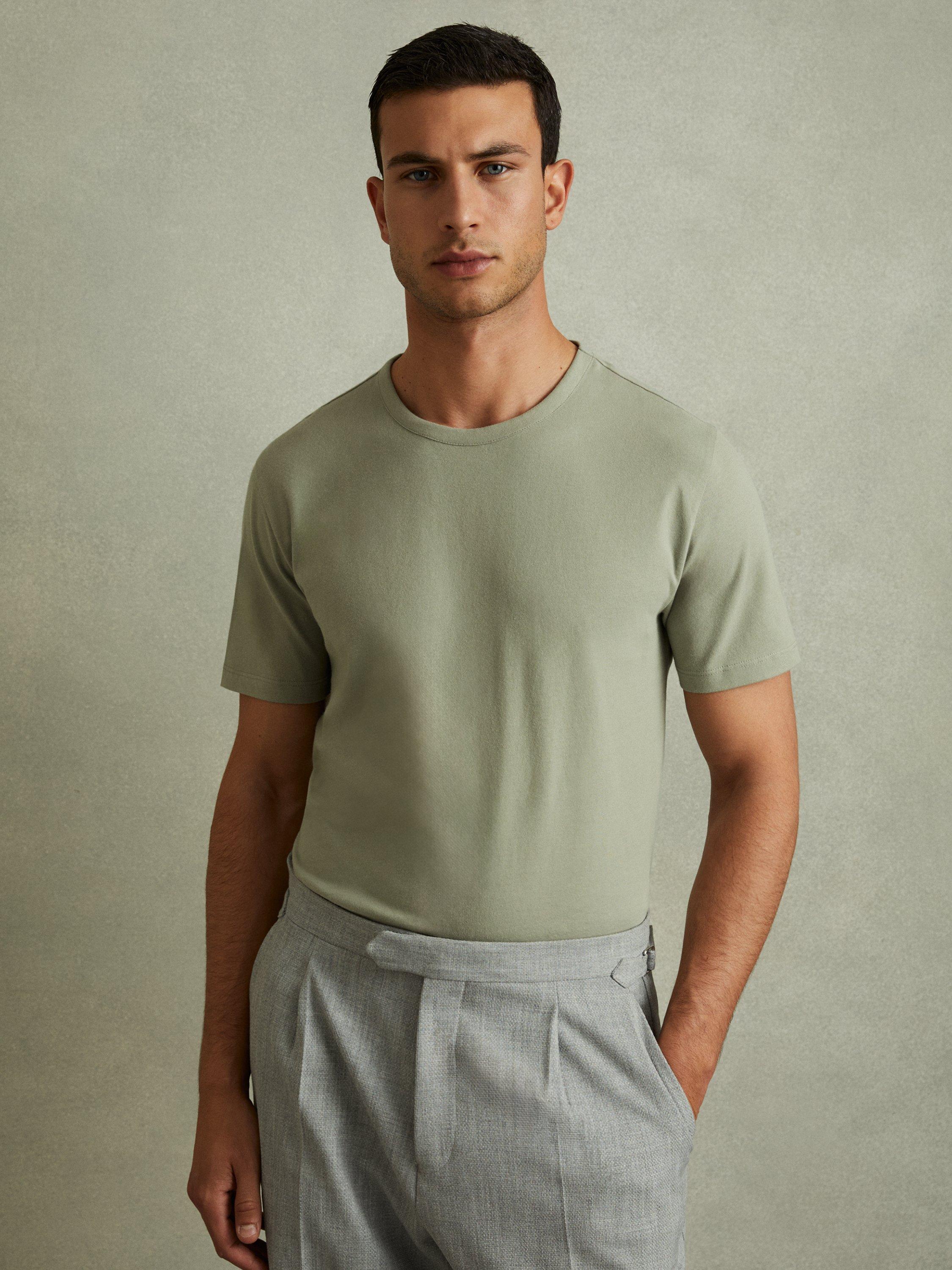 Product image 1 of 5, which shows Reiss Melrose Crew Neck Cotton T-Shirt, Sage, XS