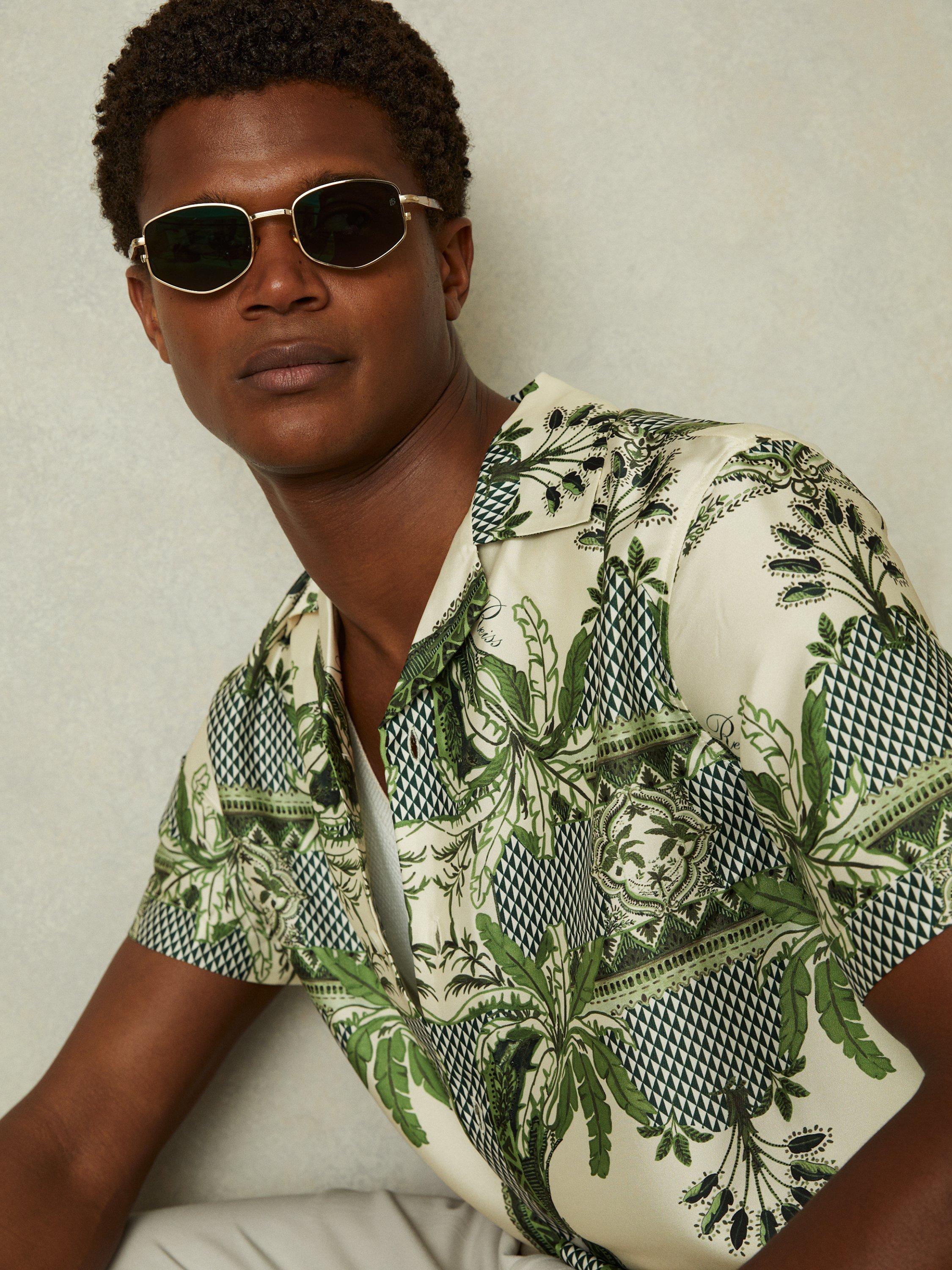 Reiss Lulu Palm Print Cuban Collar Shirt, Bright Green