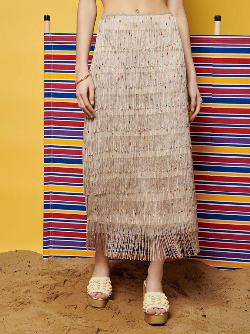 GHOSPELL Vivian Fringed Midi Skirt, Tan