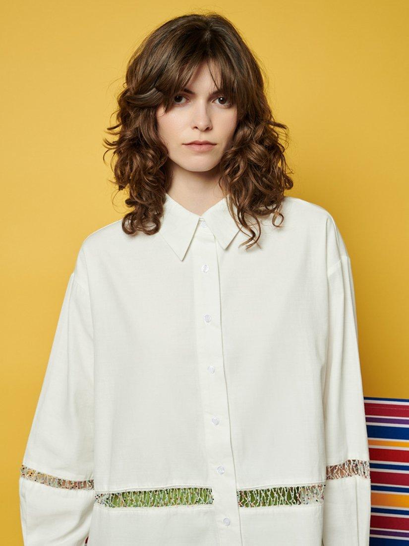 Product image 5 of 6, which shows GHOSPELL Nat Oversized Beaded Shirt, White, 6