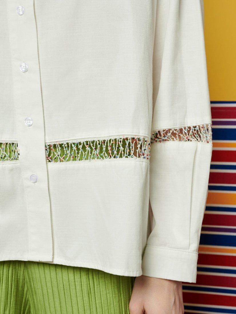 Product image 6 of 6, which shows GHOSPELL Nat Oversized Beaded Shirt, White, 6