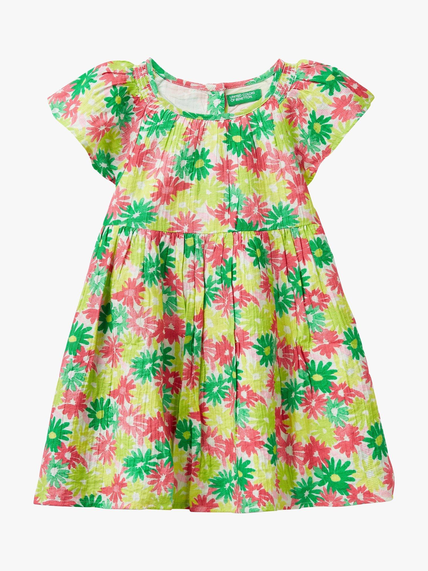 Benetton Kids' Floral Gathered Dress, Green/Multi, 3-4 years