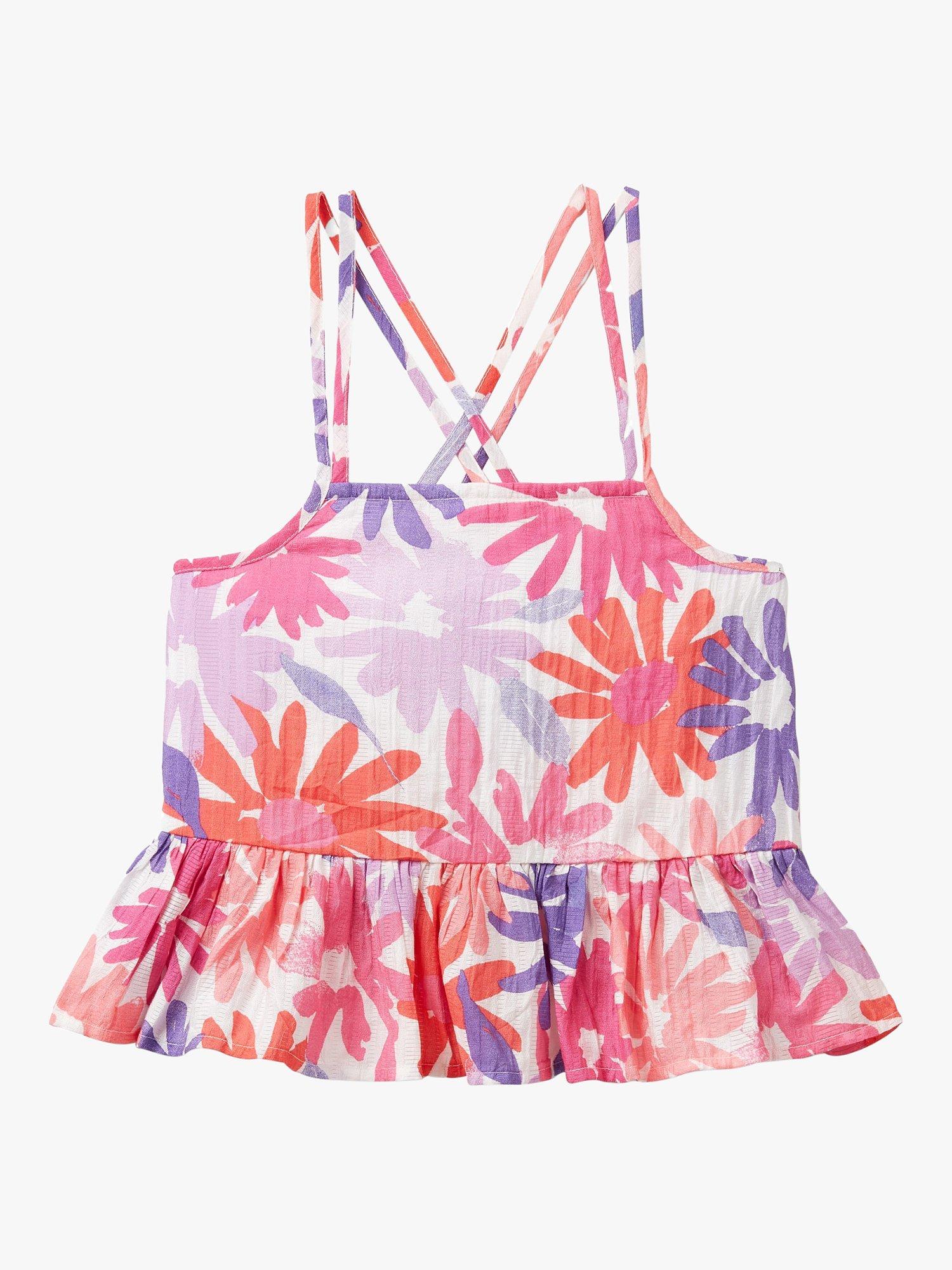 Benetton Kids' Floral Cross Back Frill Top, White/Multi