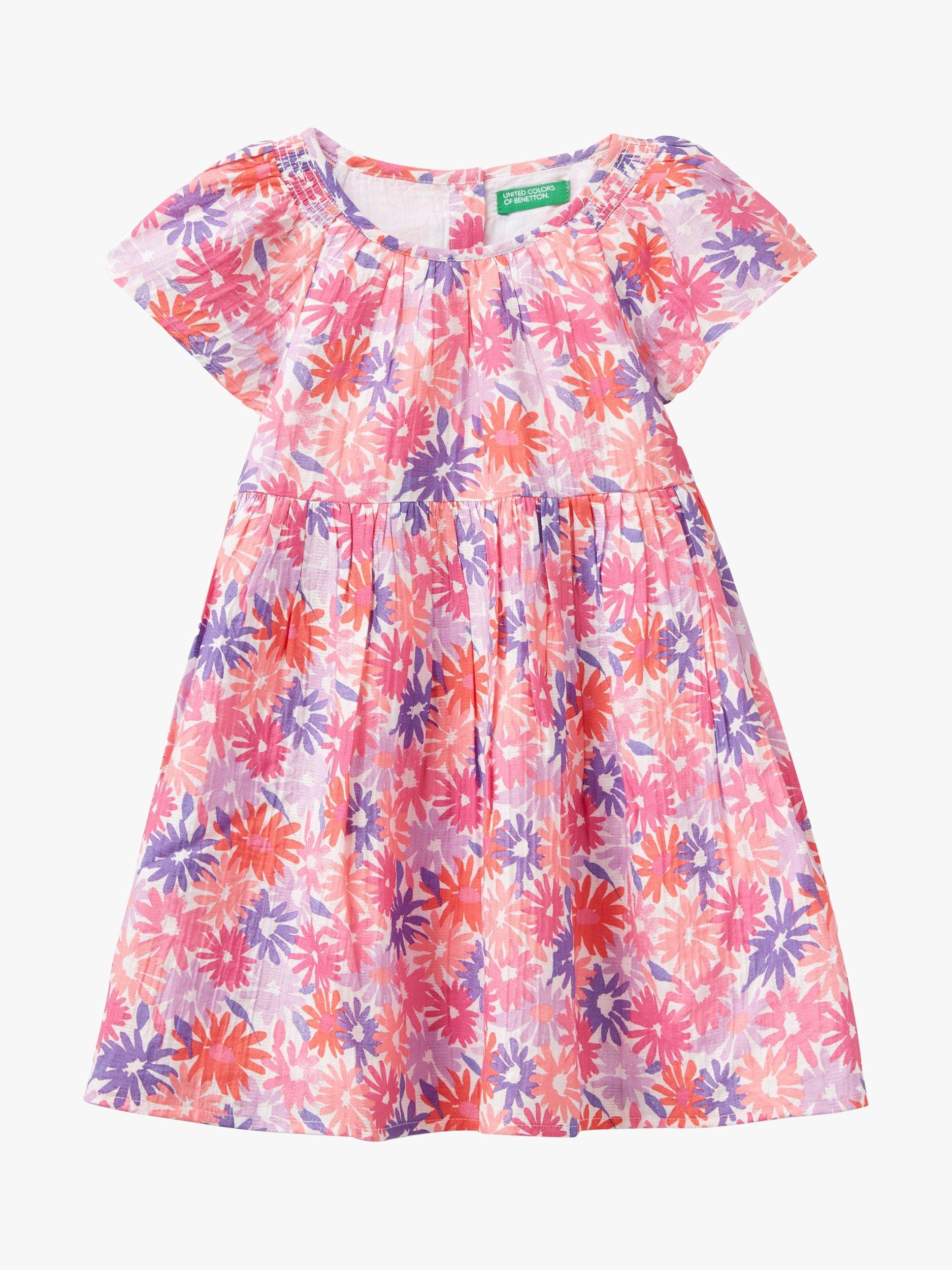 Benetton Kids' Floral Gathered Dress, Pink/Multi