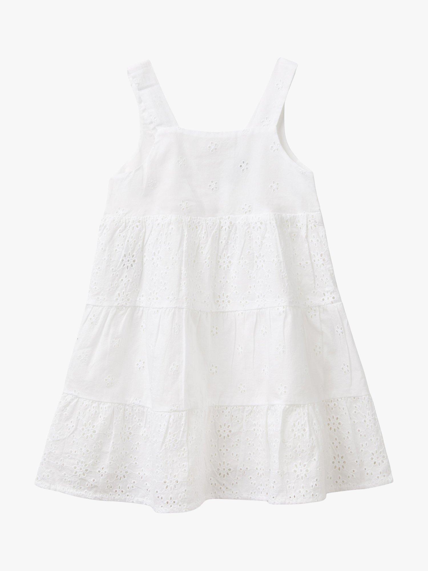 Benetton Kids' Broderie Tiered Pinafore Dress, Optical White