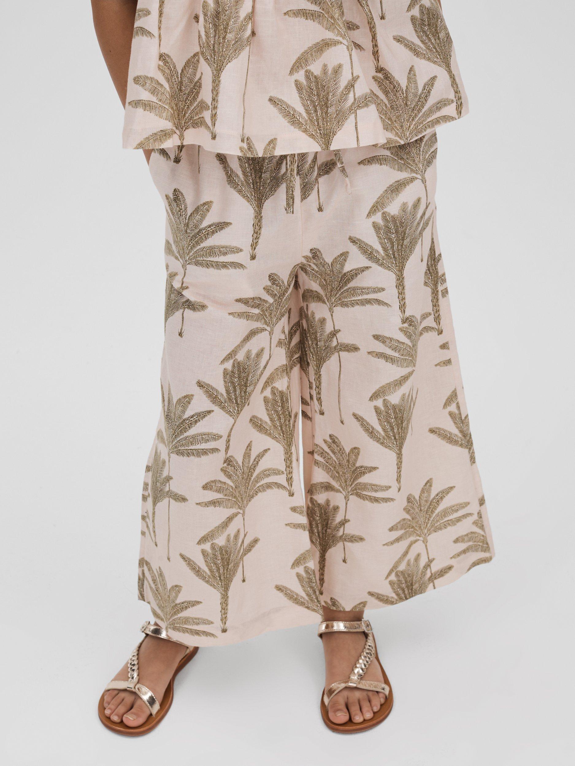 Reiss Kids' Klemee Linen Blend Palm Print Trousers, Neutral