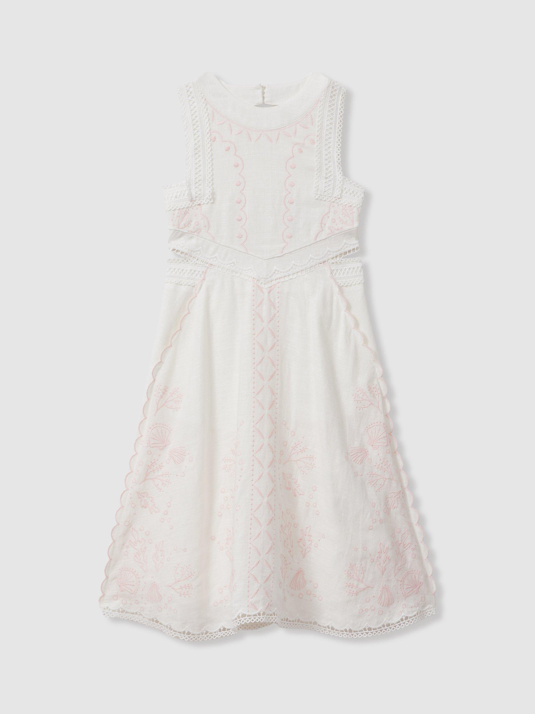 Reiss Kids' Cassie Linen Blend Dress, Ivory