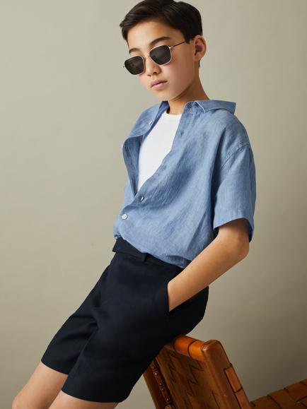 Reiss Kids' Holiday Short Sleeve Linen Shirt - view 2, Sky Blue