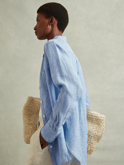 Reiss Belle Long Sleeve Pure Linen Shirt, Blue