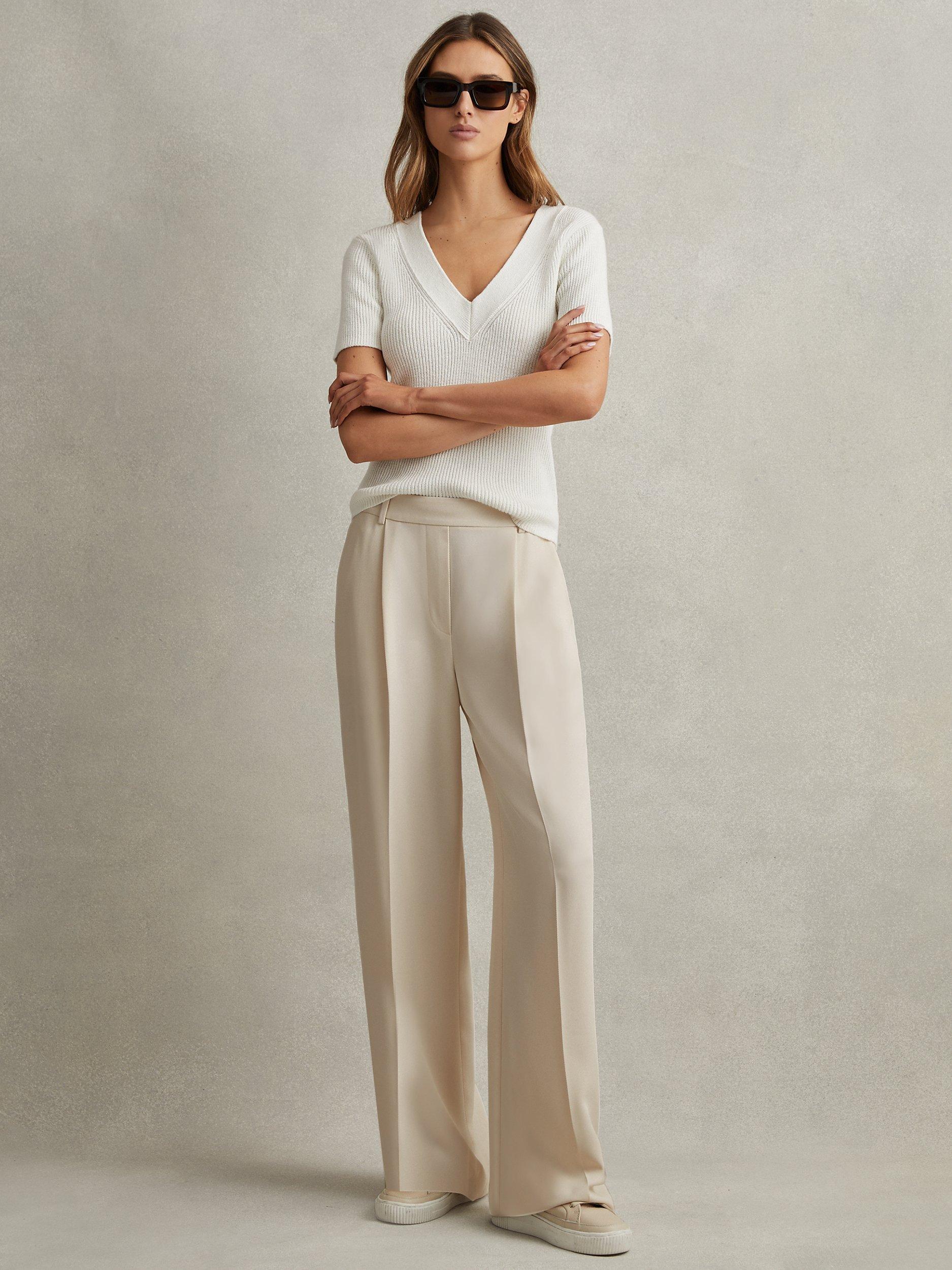 Product image 1 of 5, which shows Reiss Eden Wide Leg Trousers, Cream, 6R