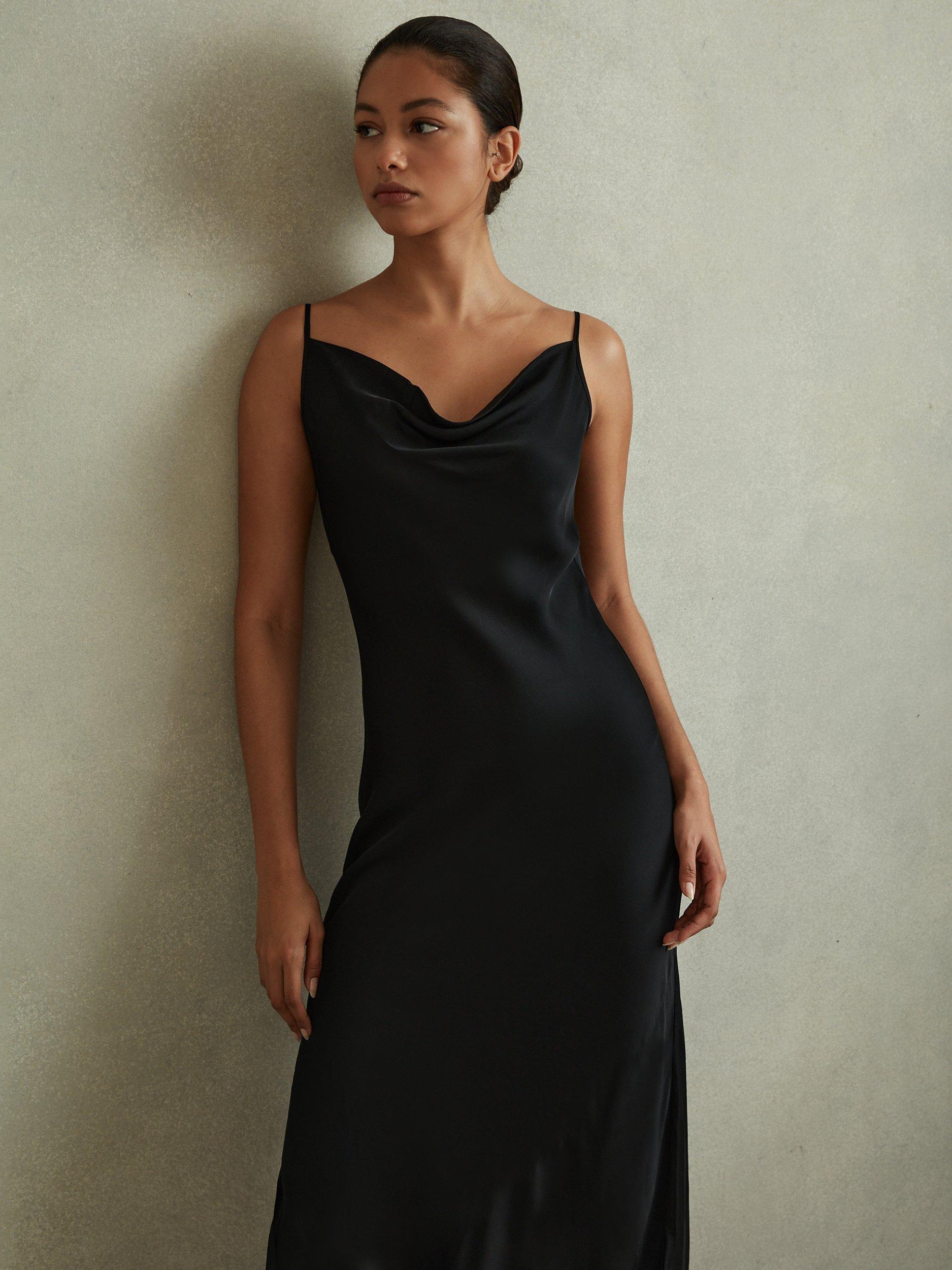 Reiss Isabel Drape Neck Slip Midi Dress, Black