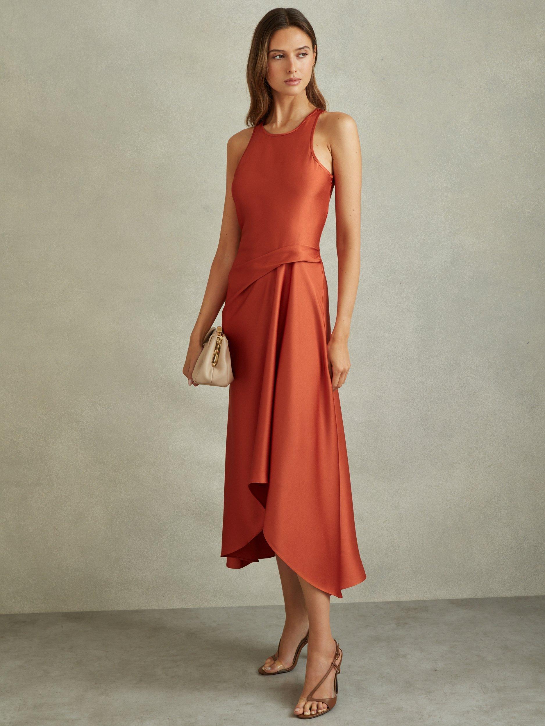 Reiss Micah Drape Occasion Midi Dress, Rust, 6