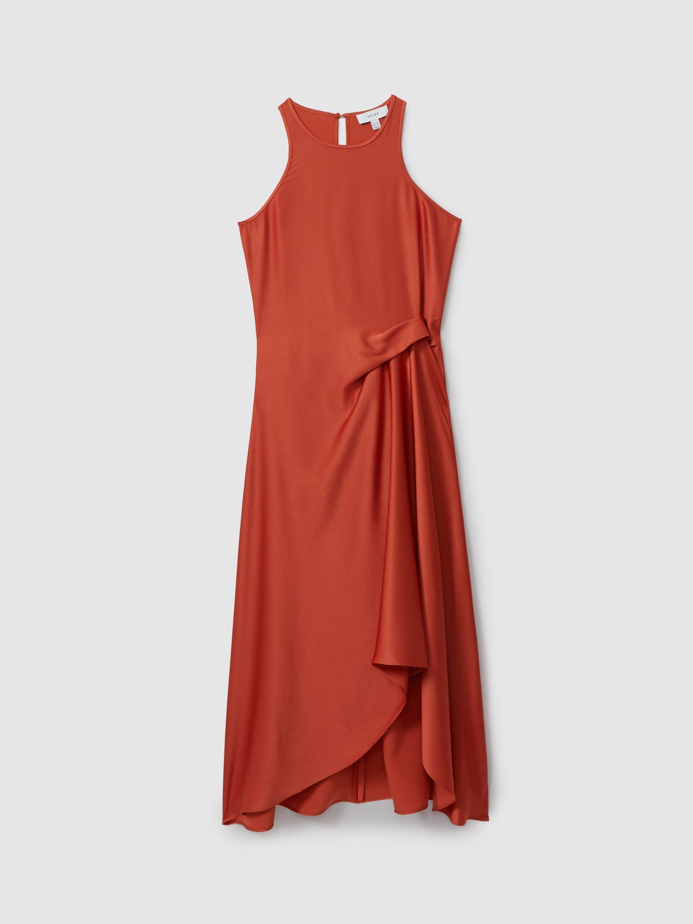 Reiss Micah Drape Occasion Midi Dress, Rust, 6