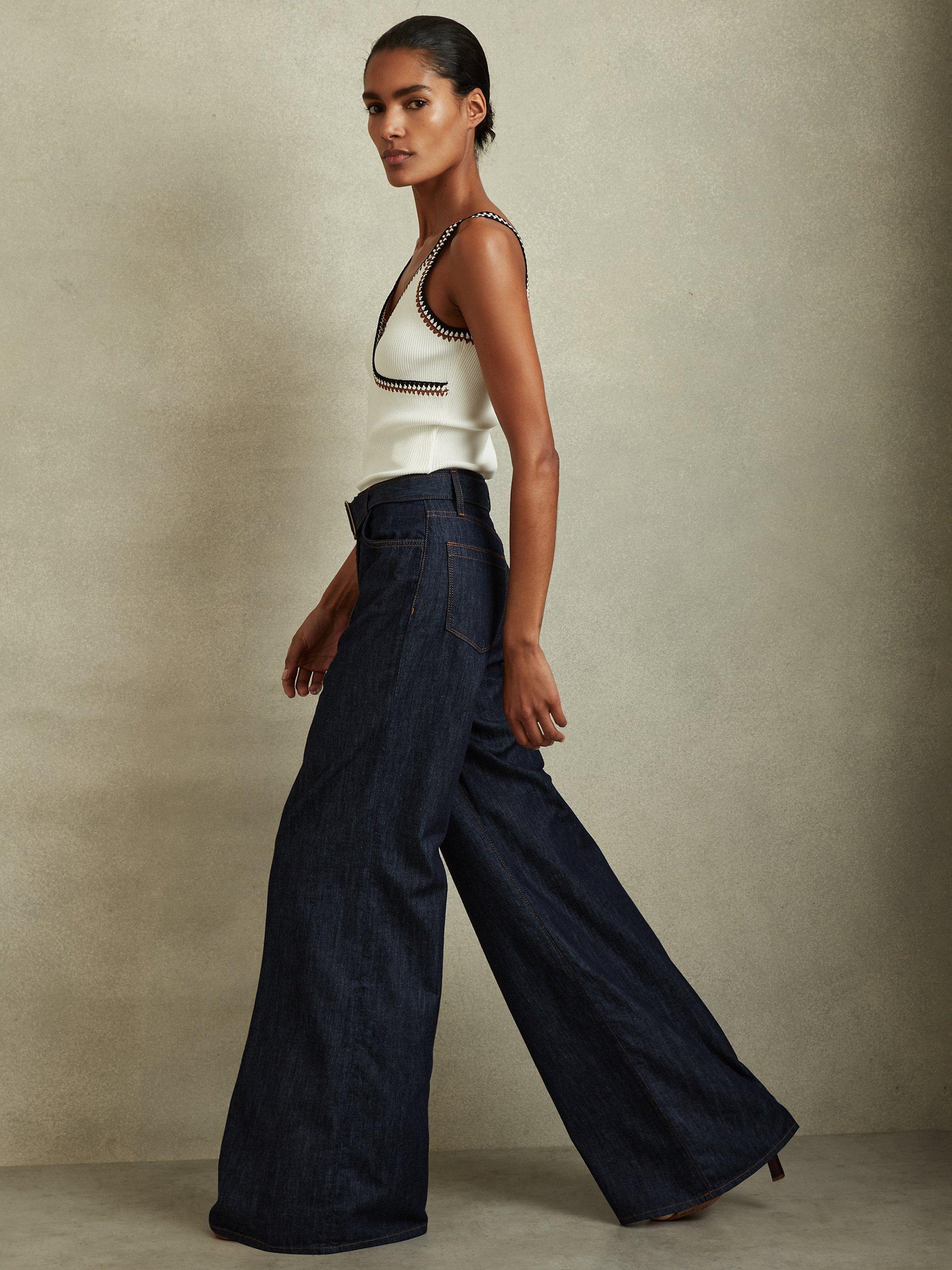 Reiss Luca Belted Wide Leg Jeans, Dark Blue