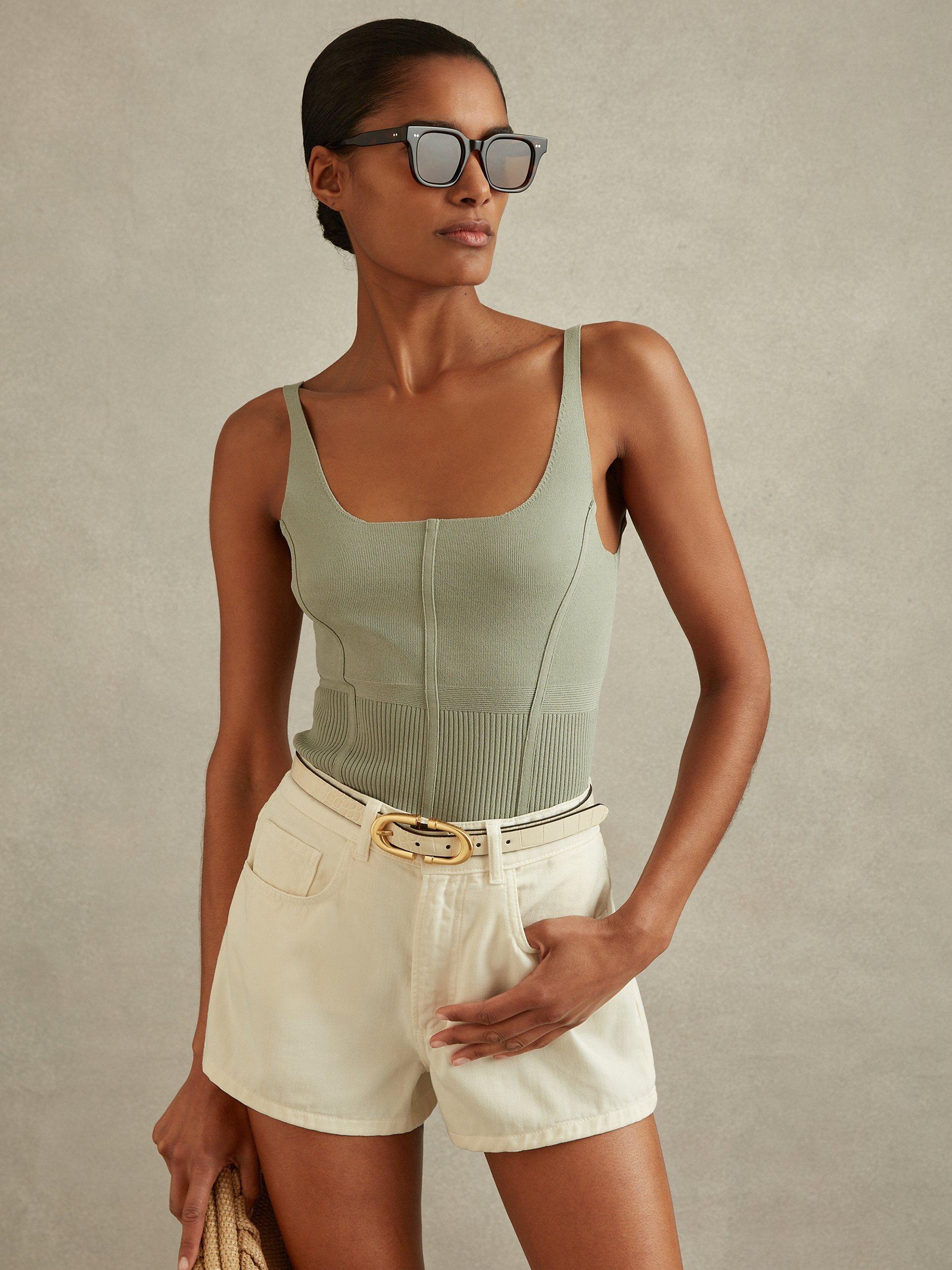 Reiss Verity Seam Detail Rib Knit Vest Top, Sage