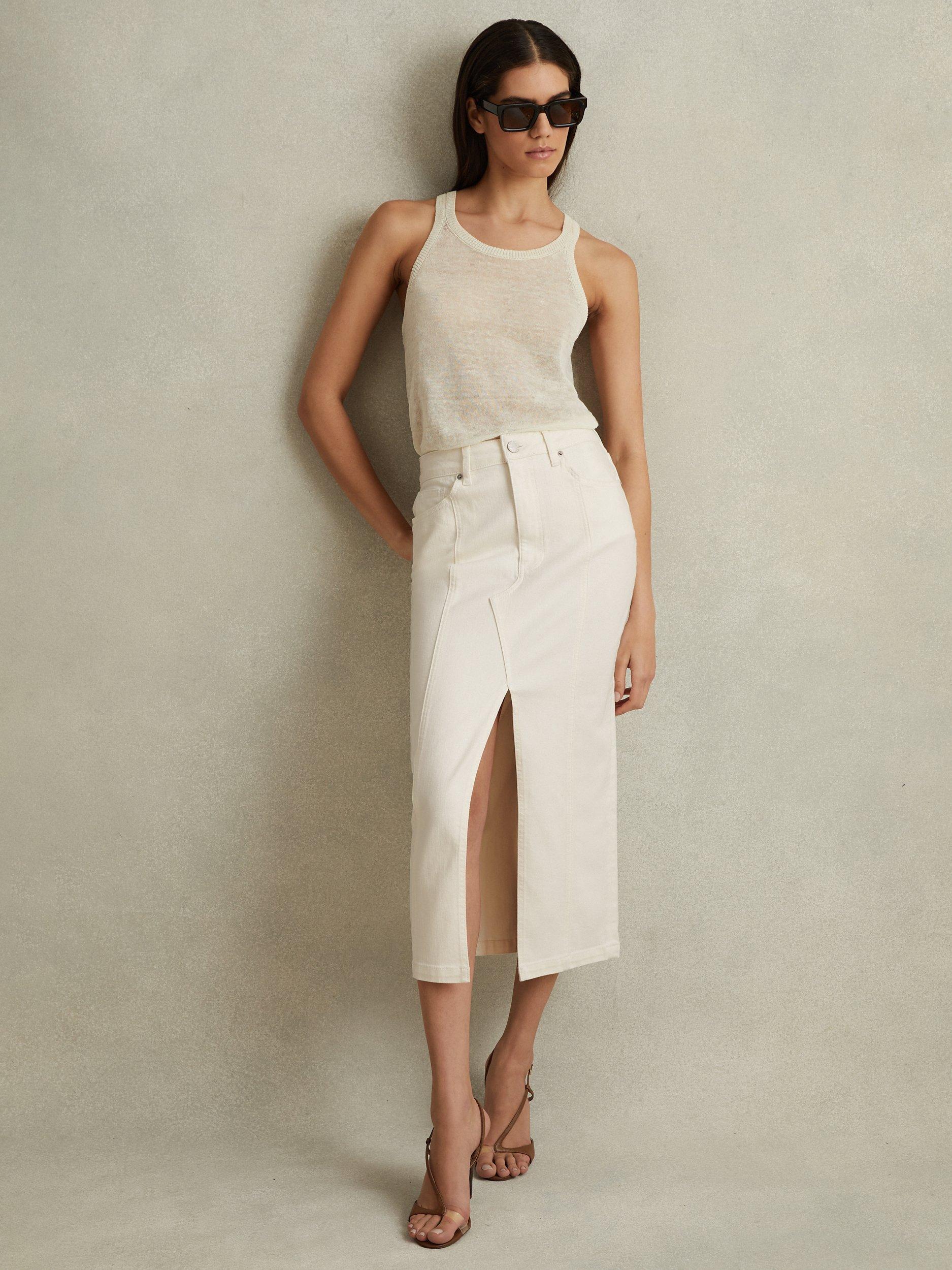 Reiss Danica Split Denim Midi Skirt, Ivory