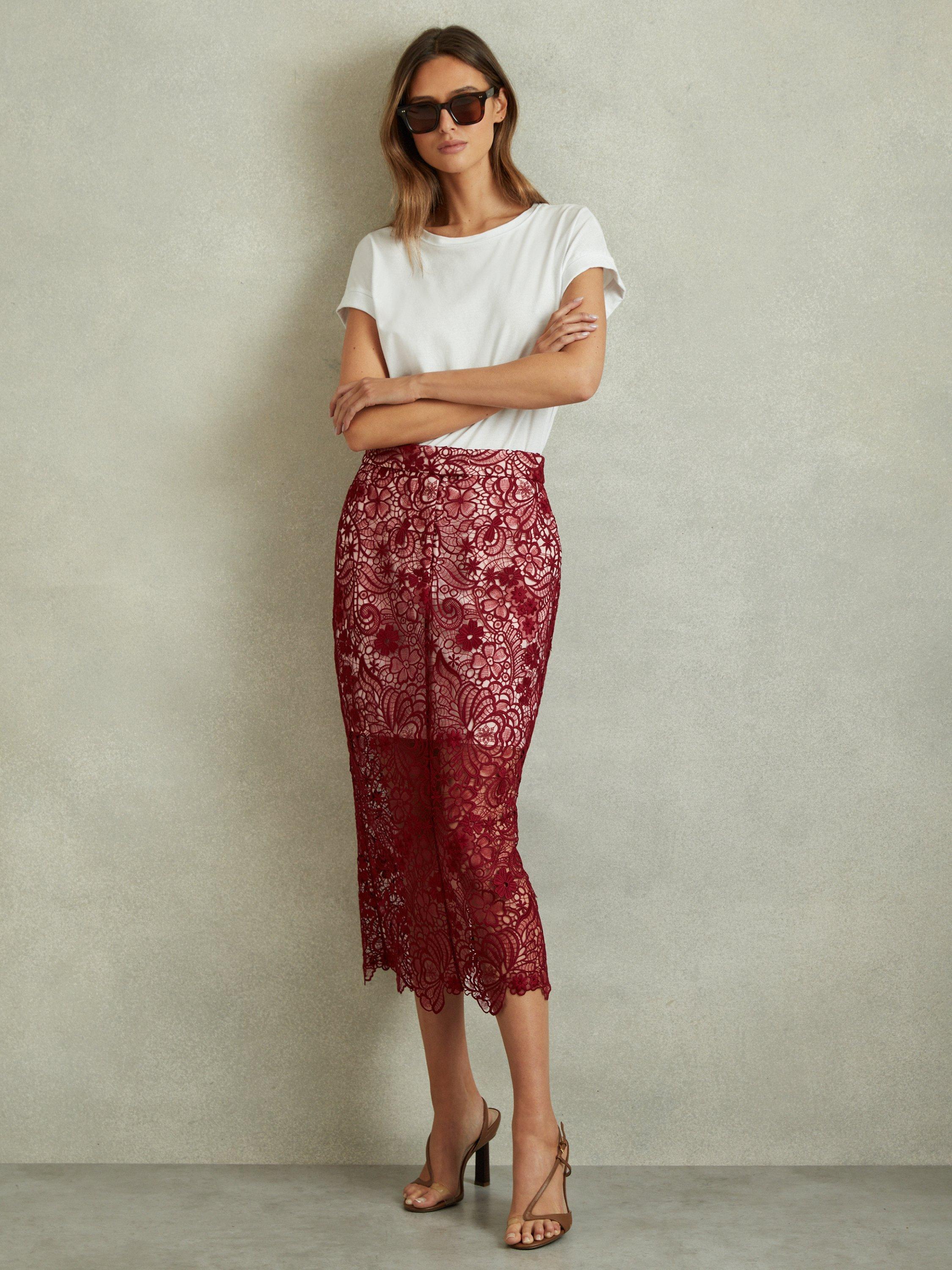 Reiss Flo Lace Pencil Skirt Burgundy