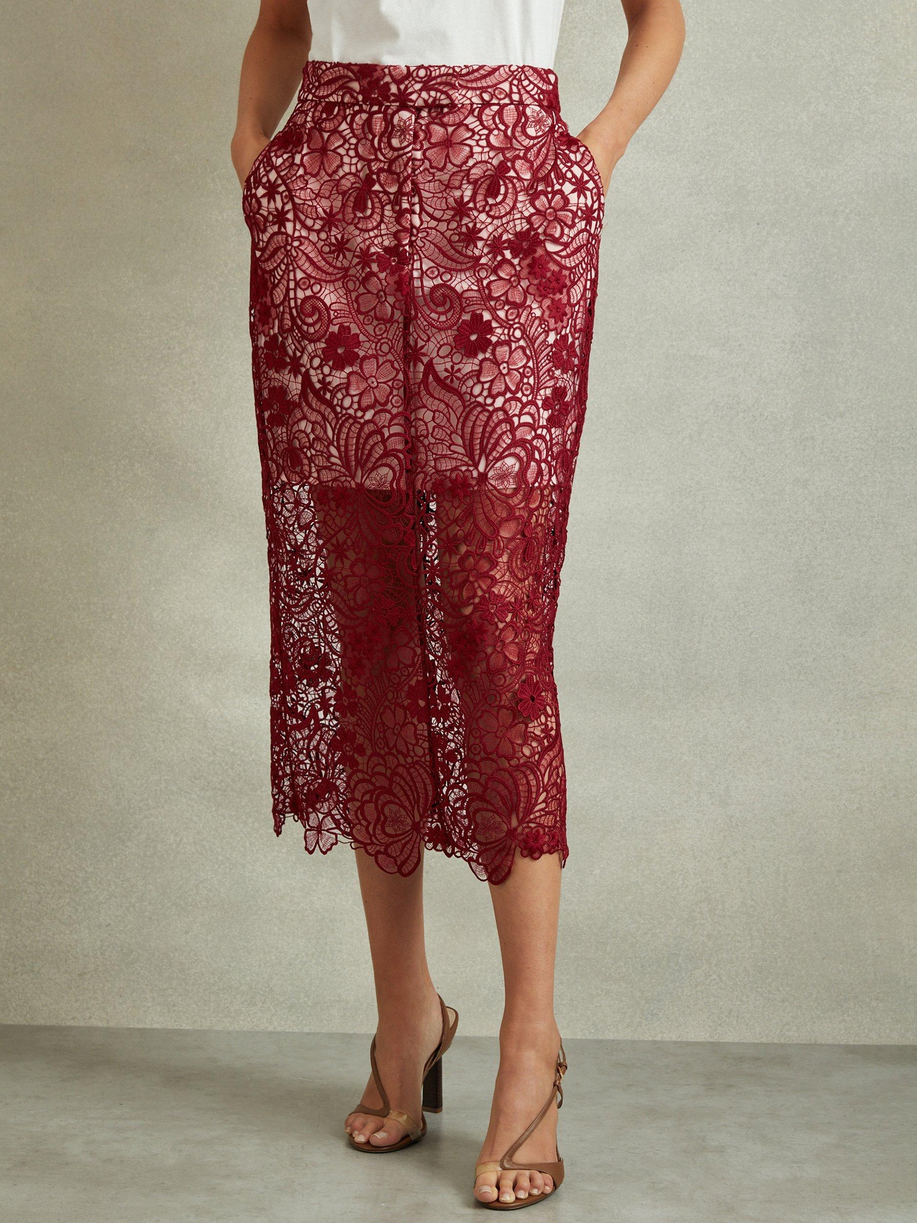 Product image 4 of 5, which shows Reiss Flo Lace Pencil Skirt, Burgundy, 14