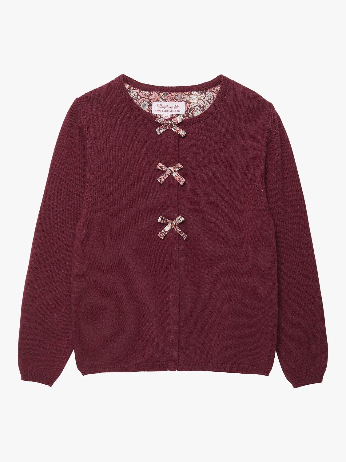 Product image 1 of 4, which shows Trotters Kids' Strawberry Thief Bow Wool Blend Cardigan, Plum/Strawberrythief, 2-3 years