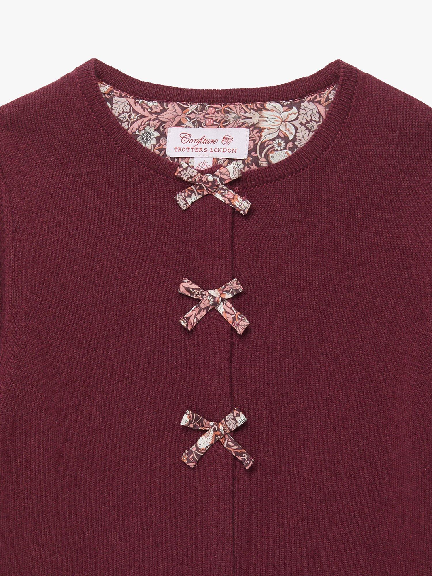 Product image 3 of 4, which shows Trotters Kids' Strawberry Thief Bow Wool Blend Cardigan, Plum/Strawberrythief, 2-3 years