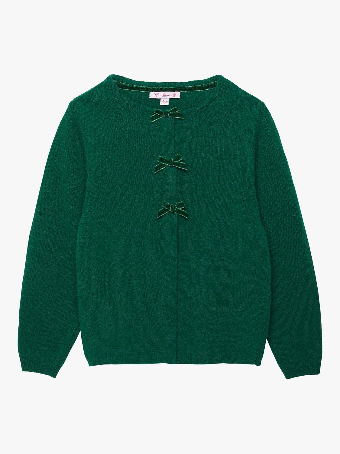 Product image 1 of 3, which shows Trotters Kids' Velvet Bow Cardigan, Forest Green, 2-3 years