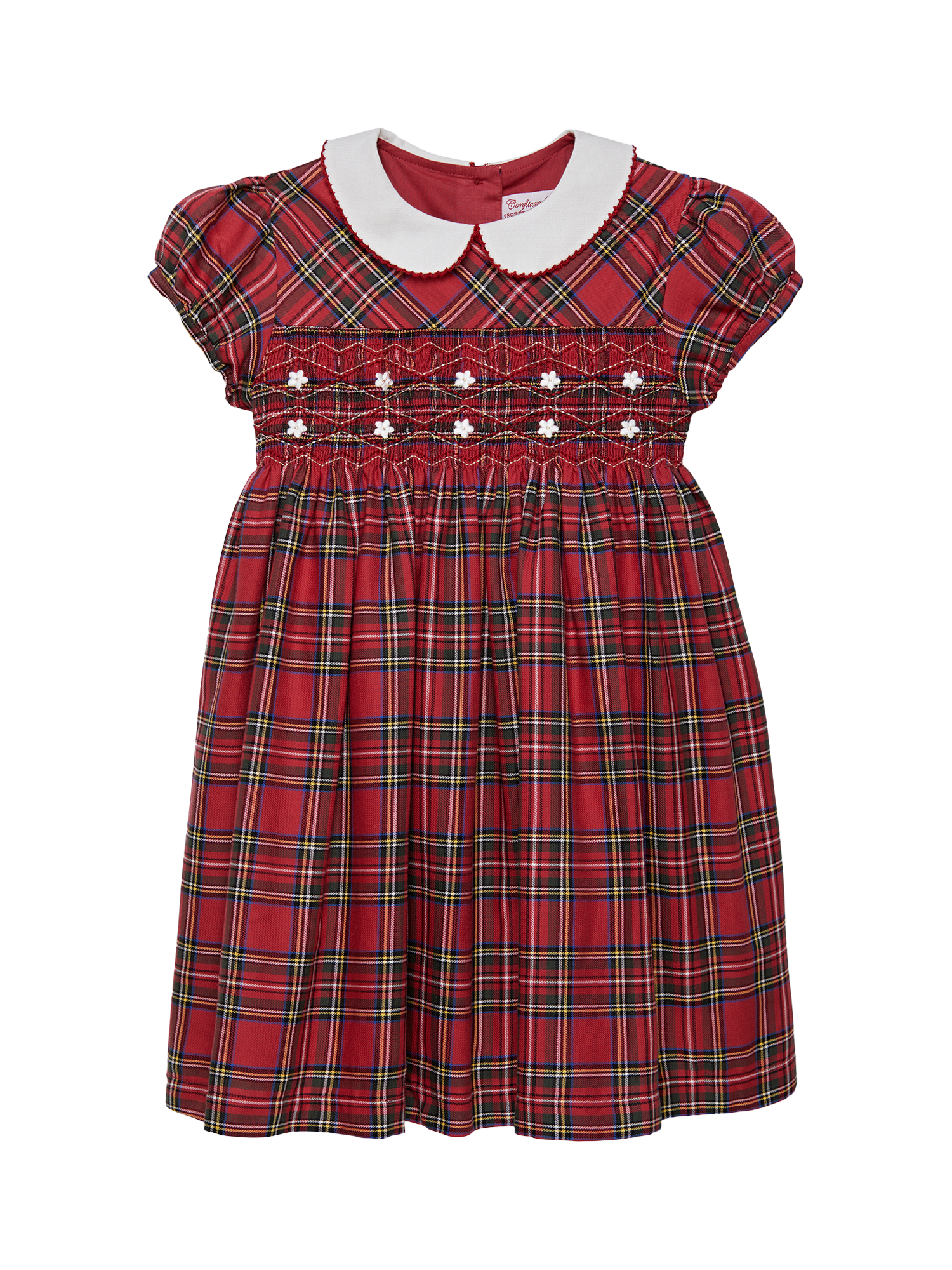 Product image 1 of 3, which shows Trotters Kids' Charlotte Tartan Smocked Dress, Red Tartan, 2 years