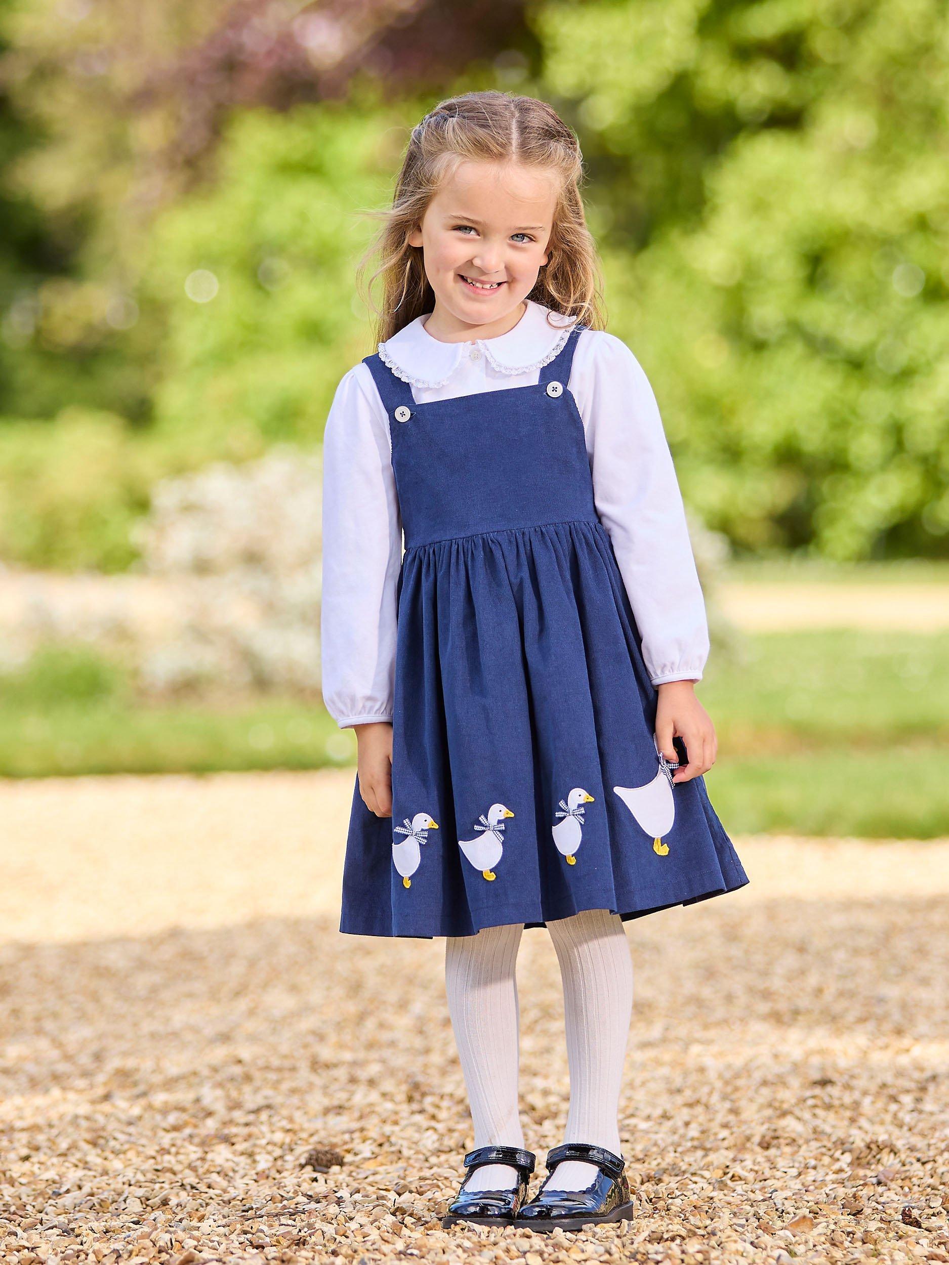 Product image 5 of 5, which shows Trotters Kids' Duck Pinafore Dress, Navy, 2 years