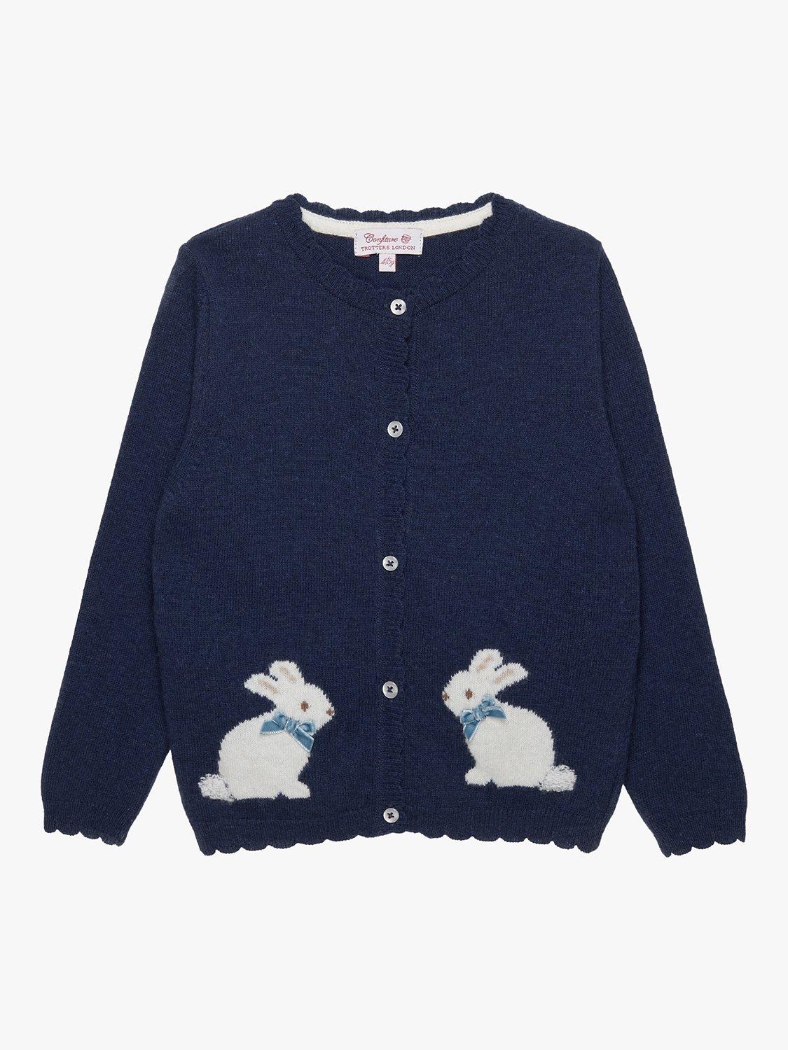Product image 1 of 4, which shows Trotters Kids' Bunny Wool Blend Cardigan, Navy, 2-3 years