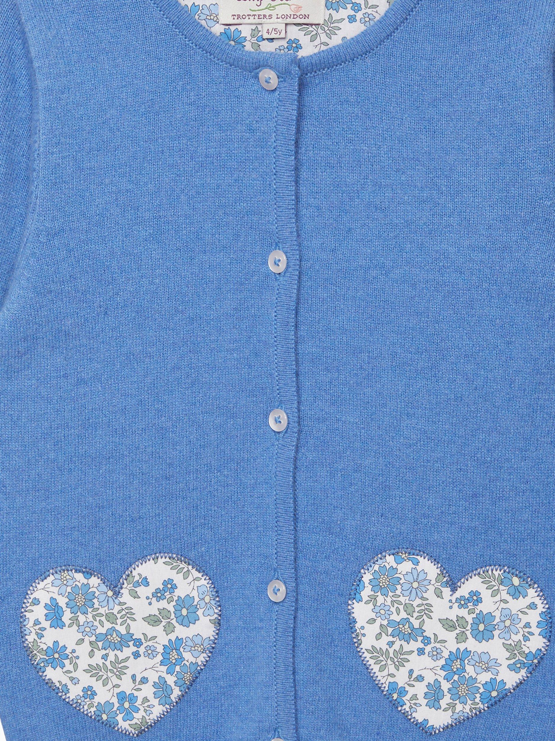 Product image 3 of 5, which shows Trotters Kids' Floret Heart Cardigan, Azure Blue, 2-3 years