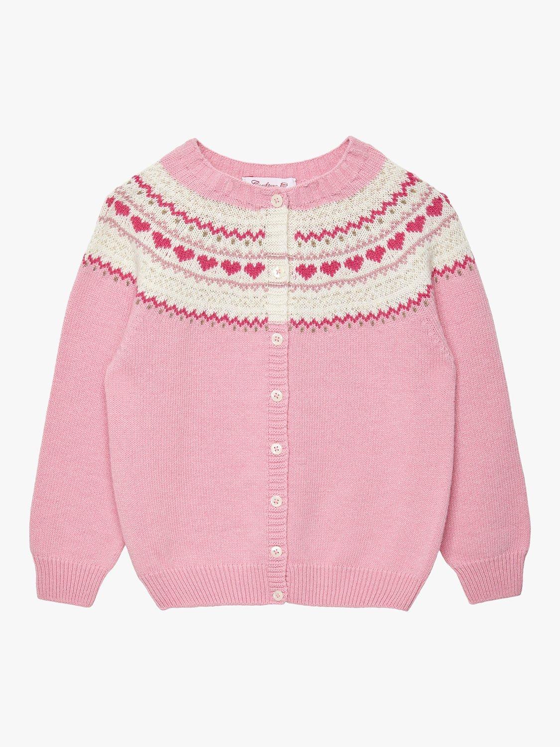 Product image 1 of 6, which shows Trotters Kids' Natasha Fairisle Cardigan, Rose Pink, 2-3 years