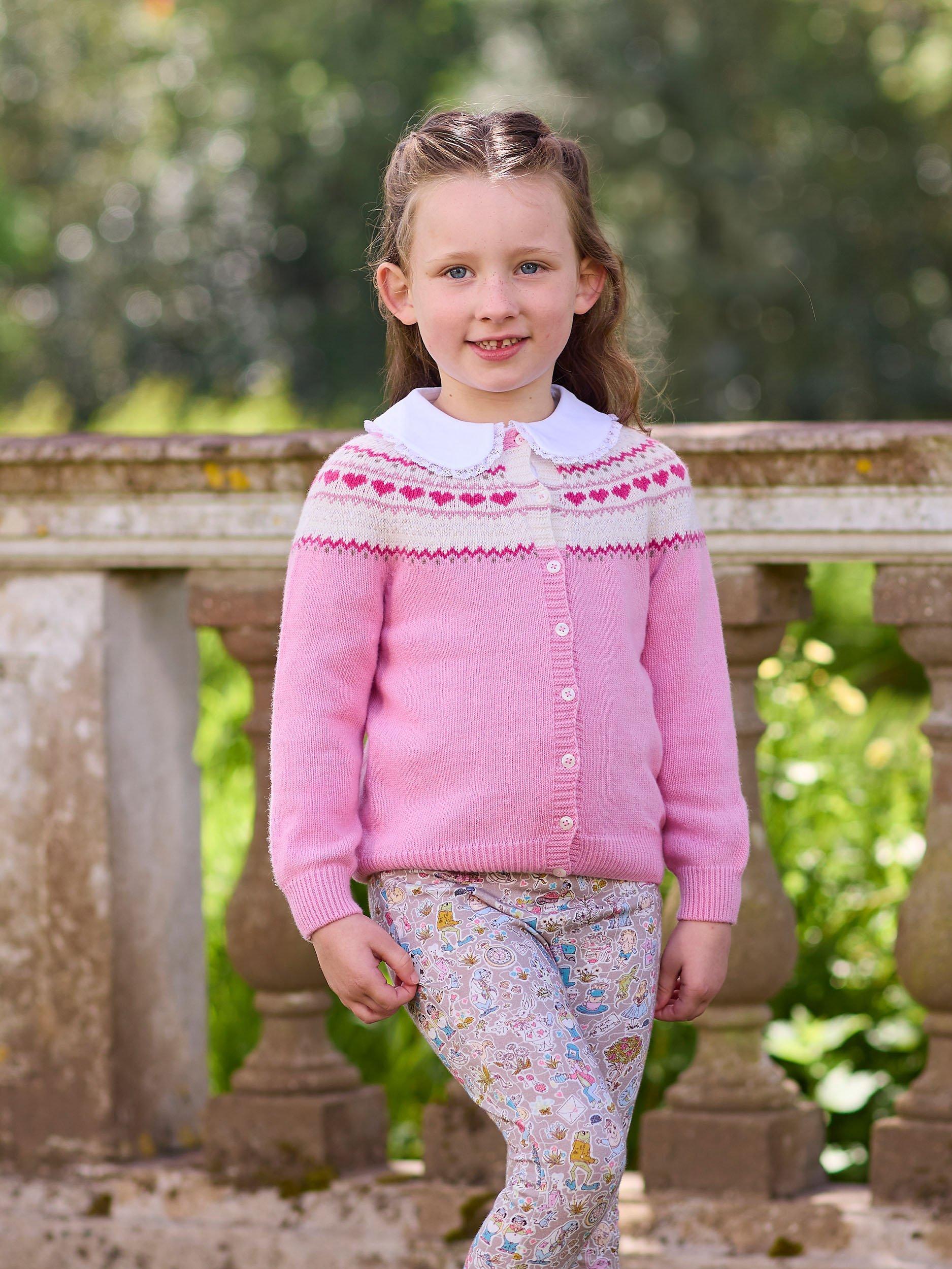 Product image 4 of 6, which shows Trotters Kids' Natasha Fairisle Cardigan, Rose Pink, 2-3 years