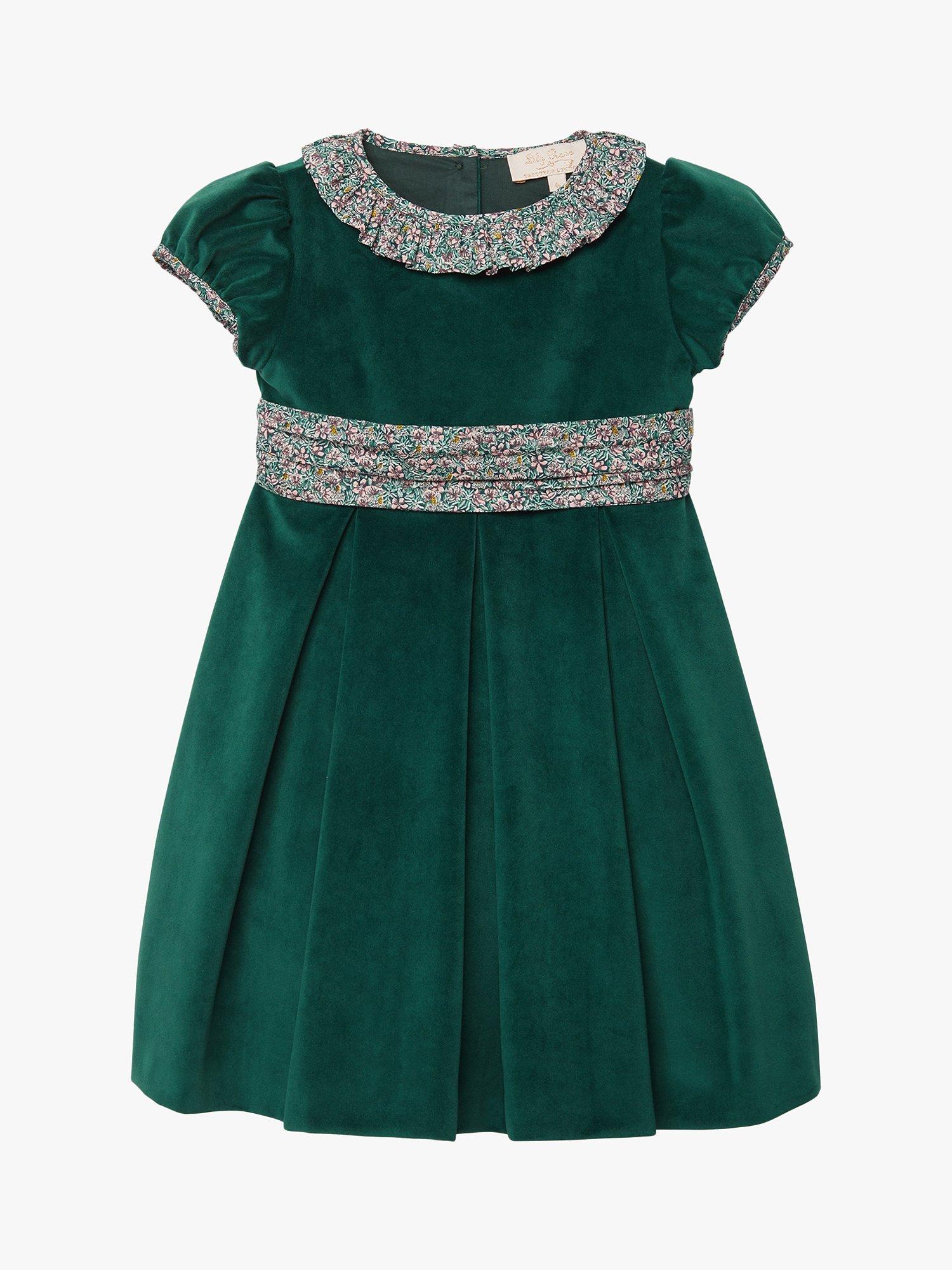 Product image 1 of 3, which shows Trotters Kids' Robin Velvet Party Dress, Green Velvet, 2 years