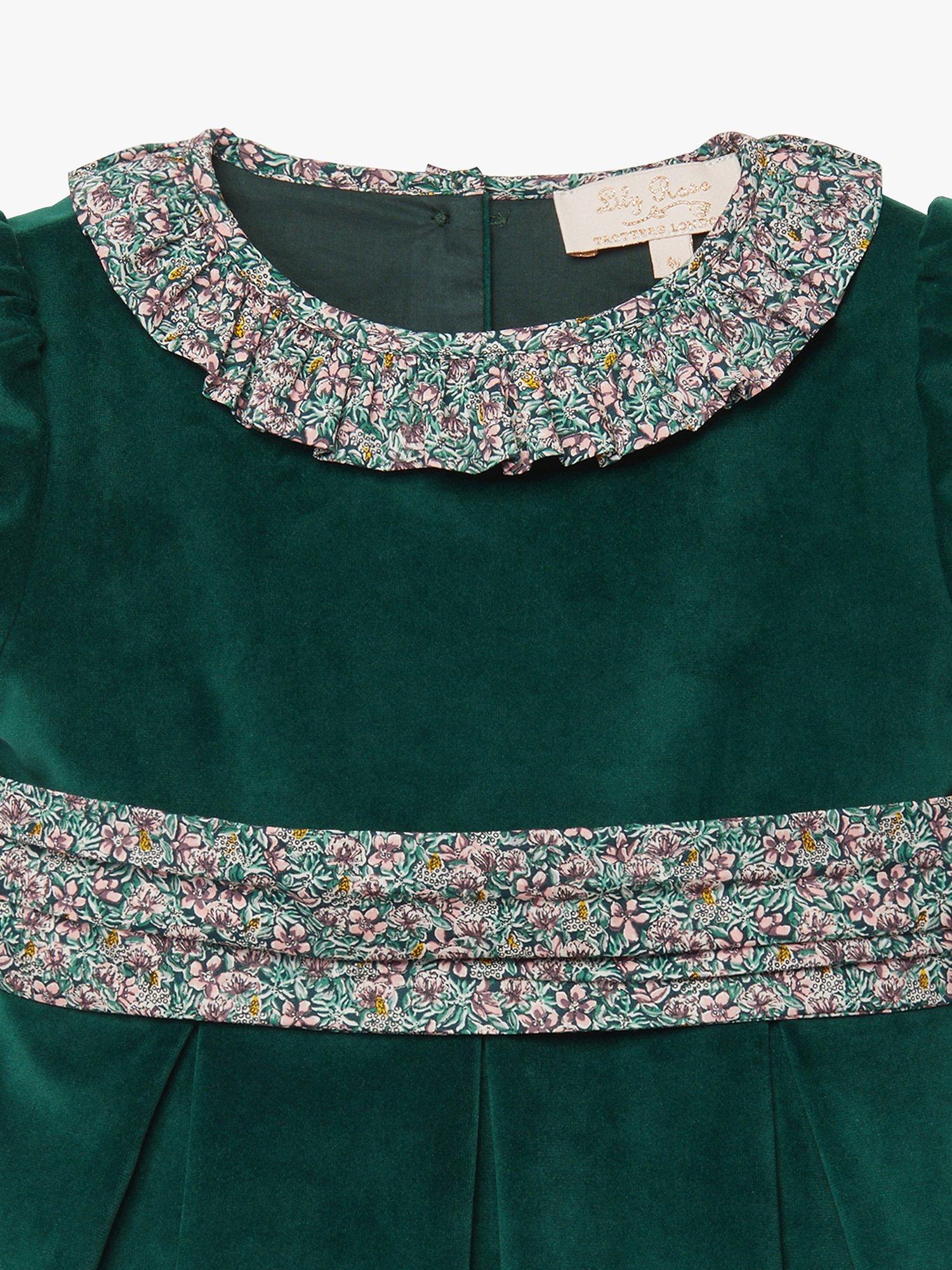 Product image 3 of 3, which shows Trotters Kids' Robin Velvet Party Dress, Green Velvet, 2 years