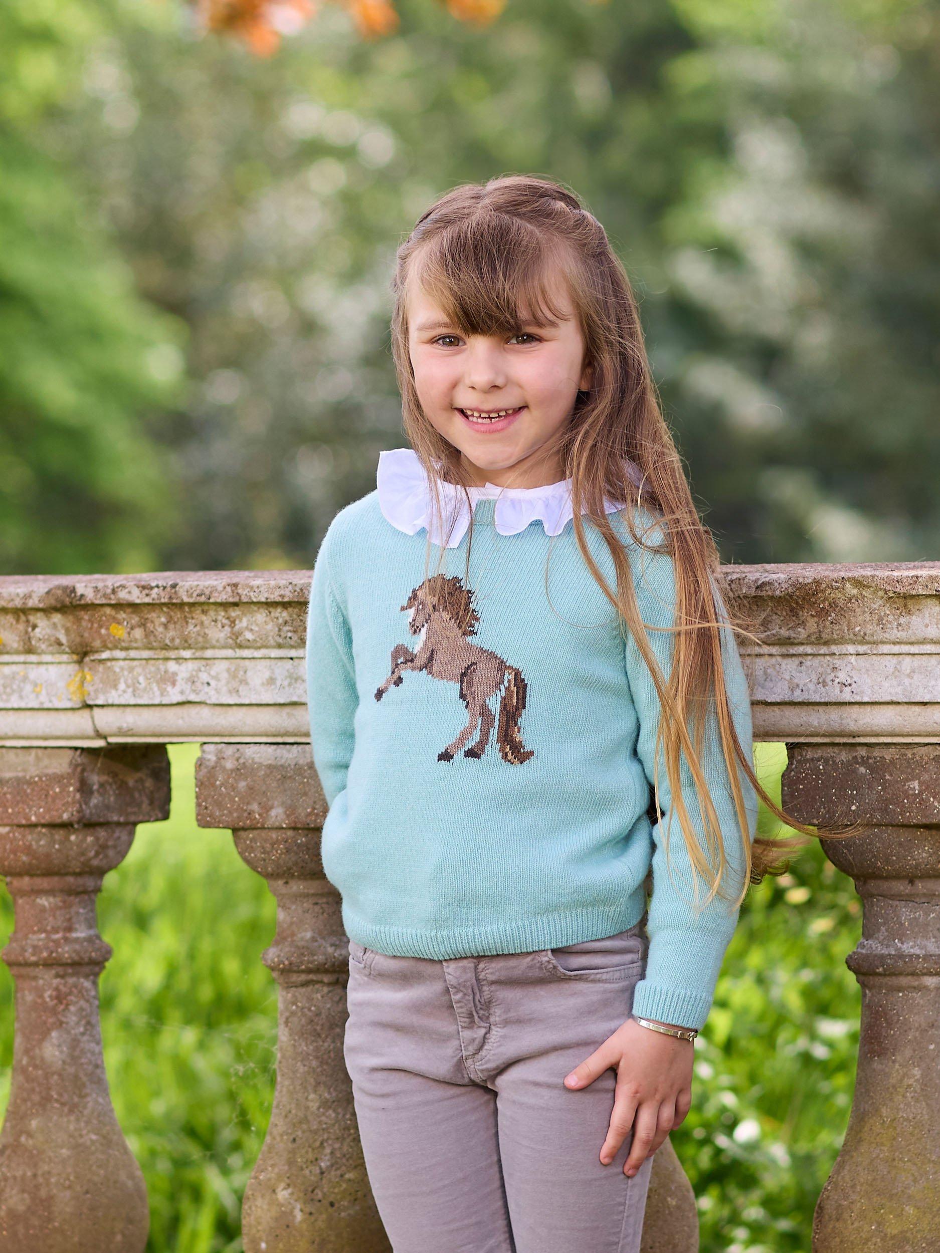 Product image 5 of 5, which shows Trotters Kids' Pony Wool Blend Jumper, Sea Green, 2-3 years