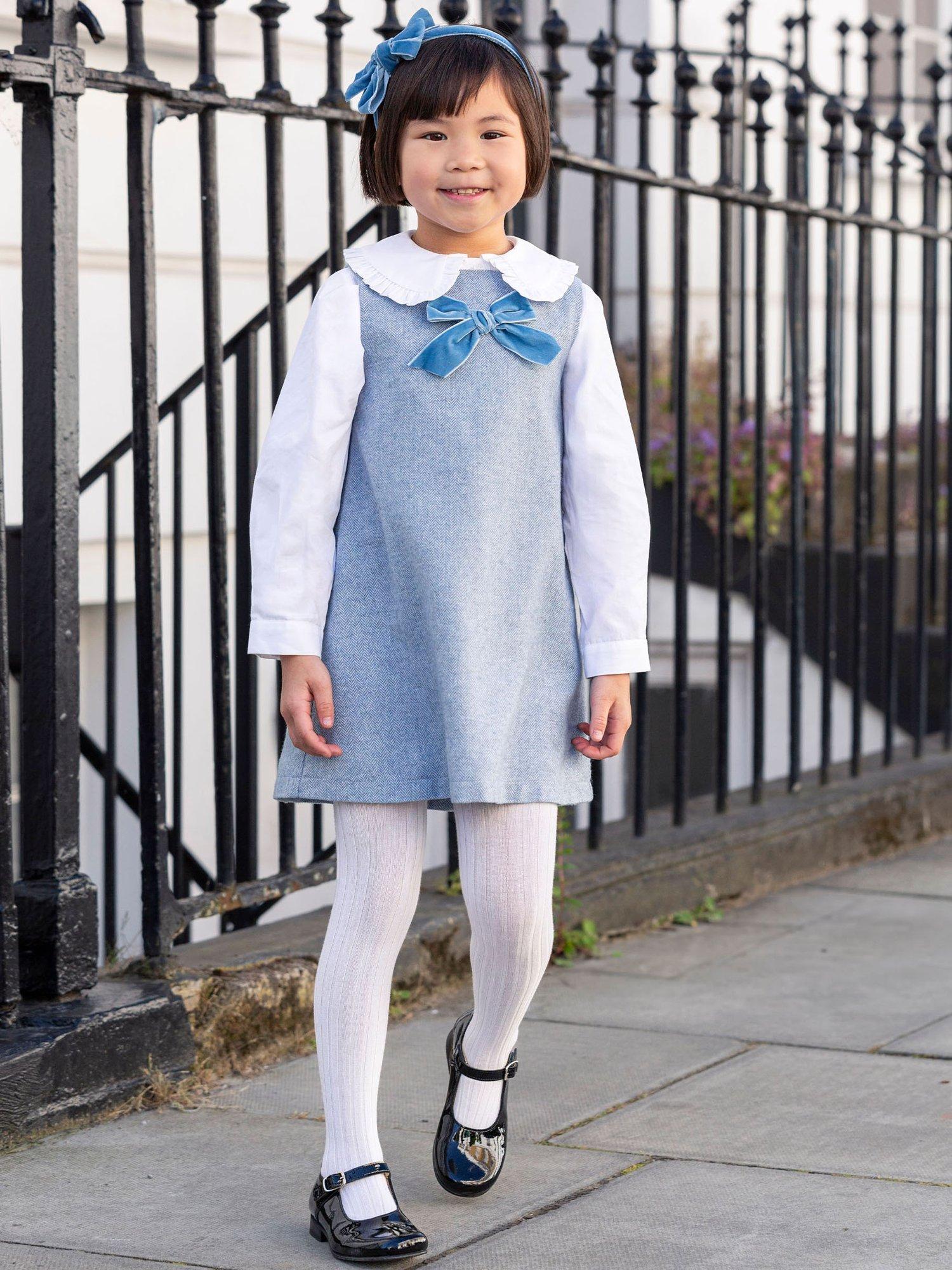 Product image 6 of 6, which shows Trotters Kids' Georgina Velvet Bow Dress, Blue, 2 years