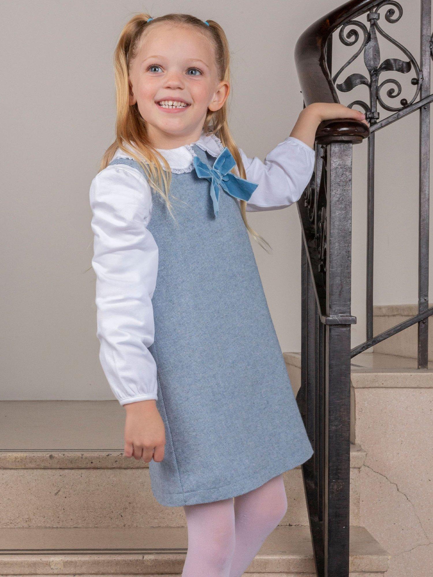 Product image 4 of 6, which shows Trotters Kids' Georgina Velvet Bow Dress, Blue, 2 years