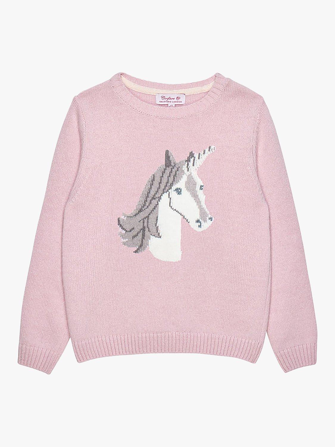 Product image 1 of 5, which shows Trotters Kids' Magical Unicorn Wool Blend Jumper, Pink, 2-3 years
