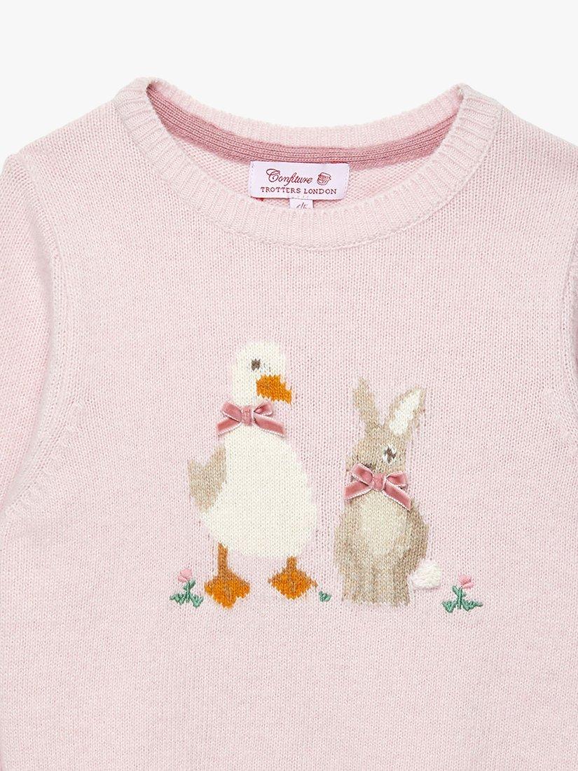 Product image 3 of 4, which shows Trotters Kids' Duck & Bunny Cashmere Blend Jumper, Pale Pink, 2-3 years