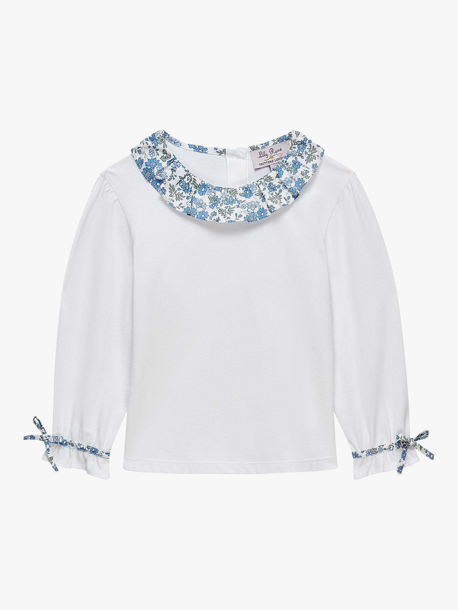 Product image 1 of 3, which shows Trotters Kids' Floret Willow Jersey Top, White/Blue, 2-3 years