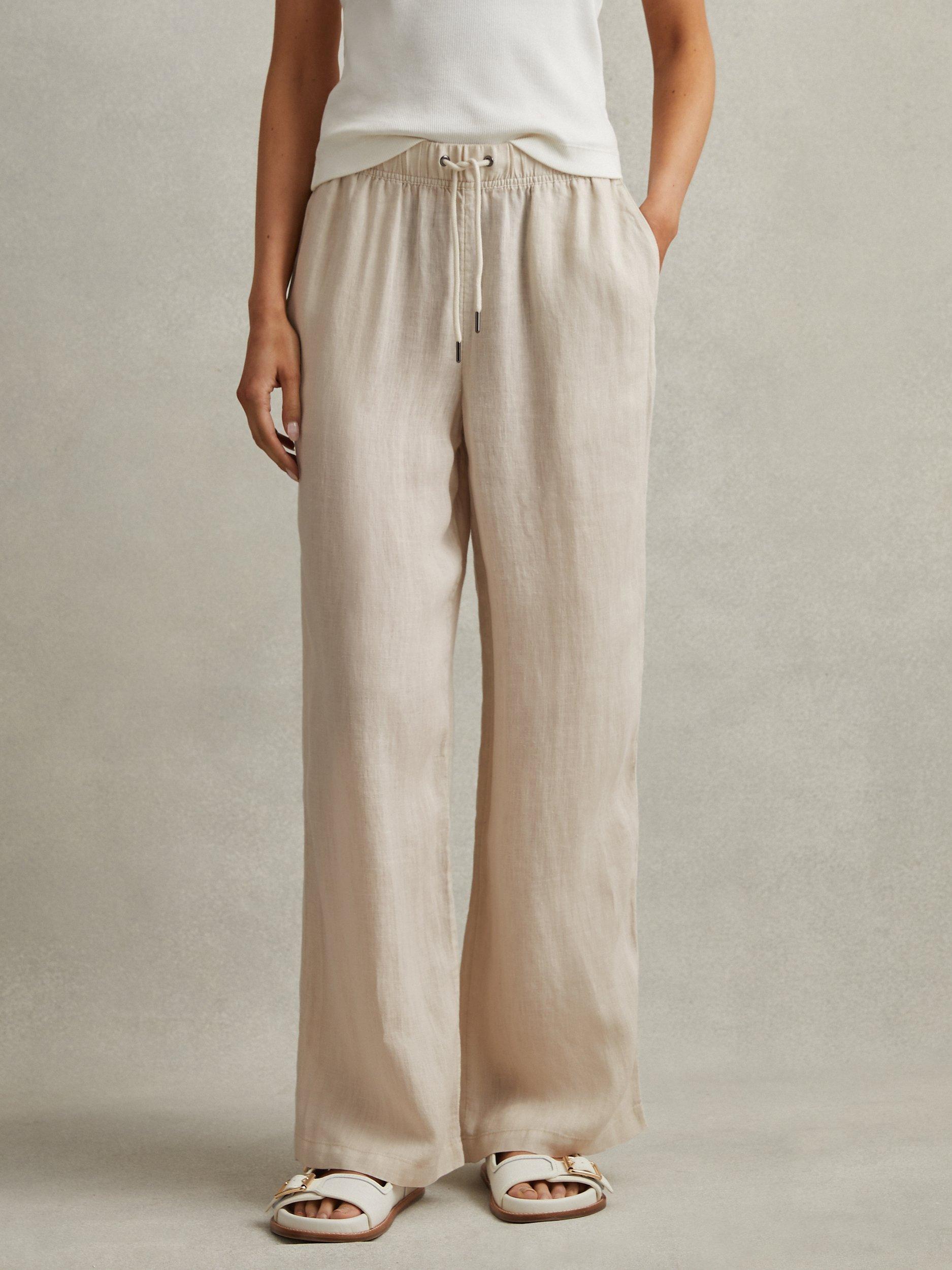 Product image 1 of 5, which shows Reiss Cleo Wide Leg Linen Trousers, Oatmeal, 6R