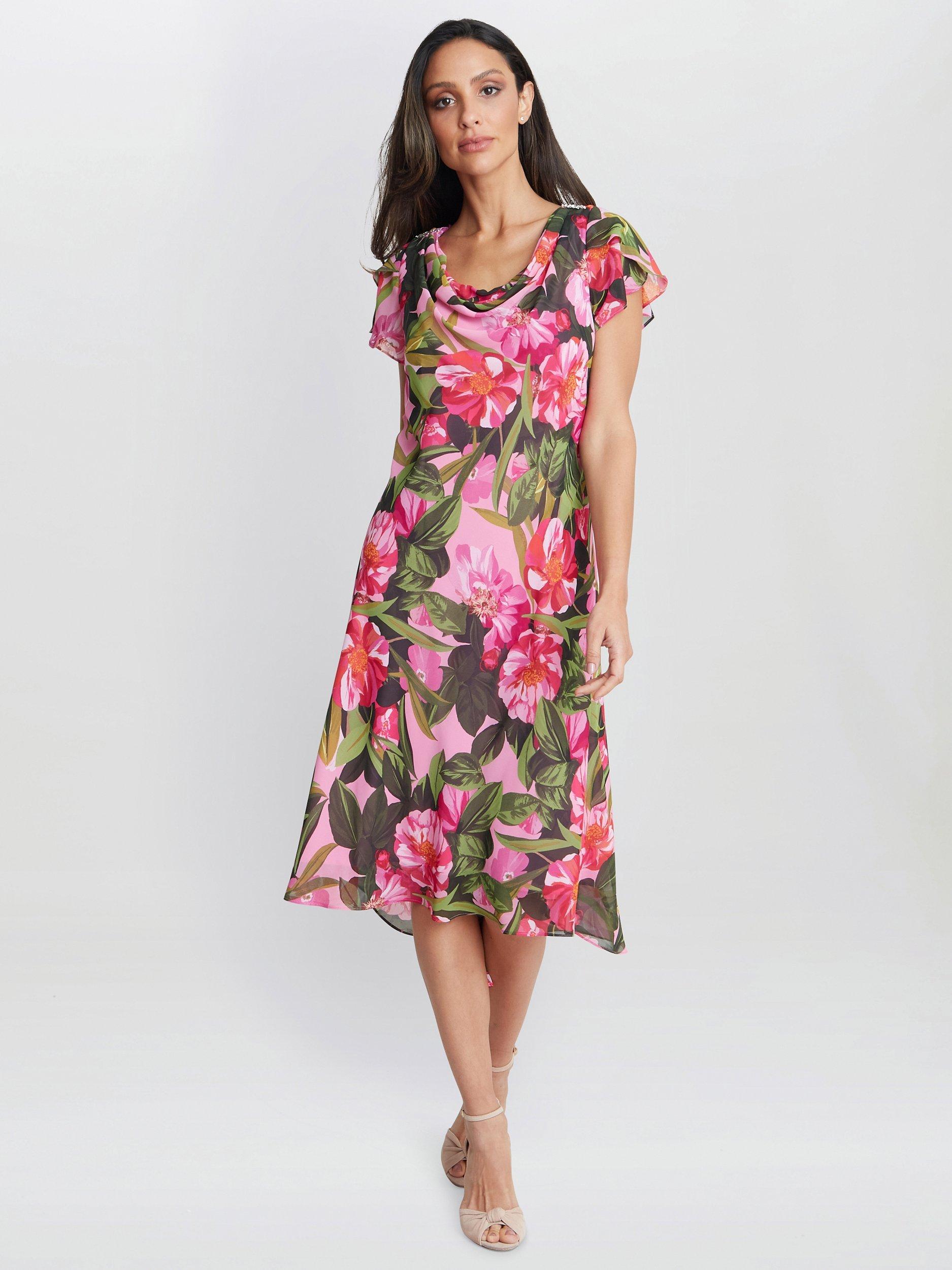 Product image 1 of 5, which shows Gina Bacconi Ophelia Midi Printed Cowl Neck Dress, Pink, 20