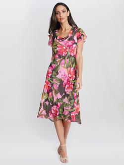 Gina Bacconi Ophelia Midi Printed Cowl Neck Dress, Pink, Pink