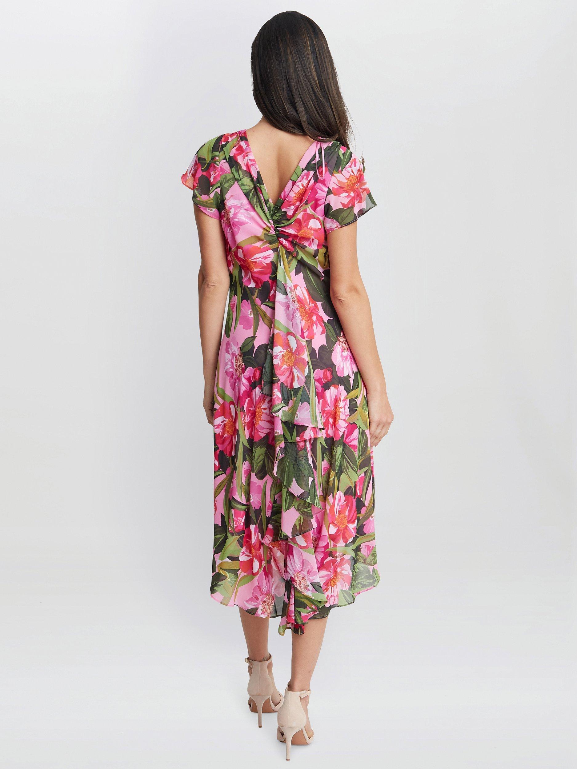 Product image 2 of 5, which shows Gina Bacconi Ophelia Midi Printed Cowl Neck Dress, Pink, 20