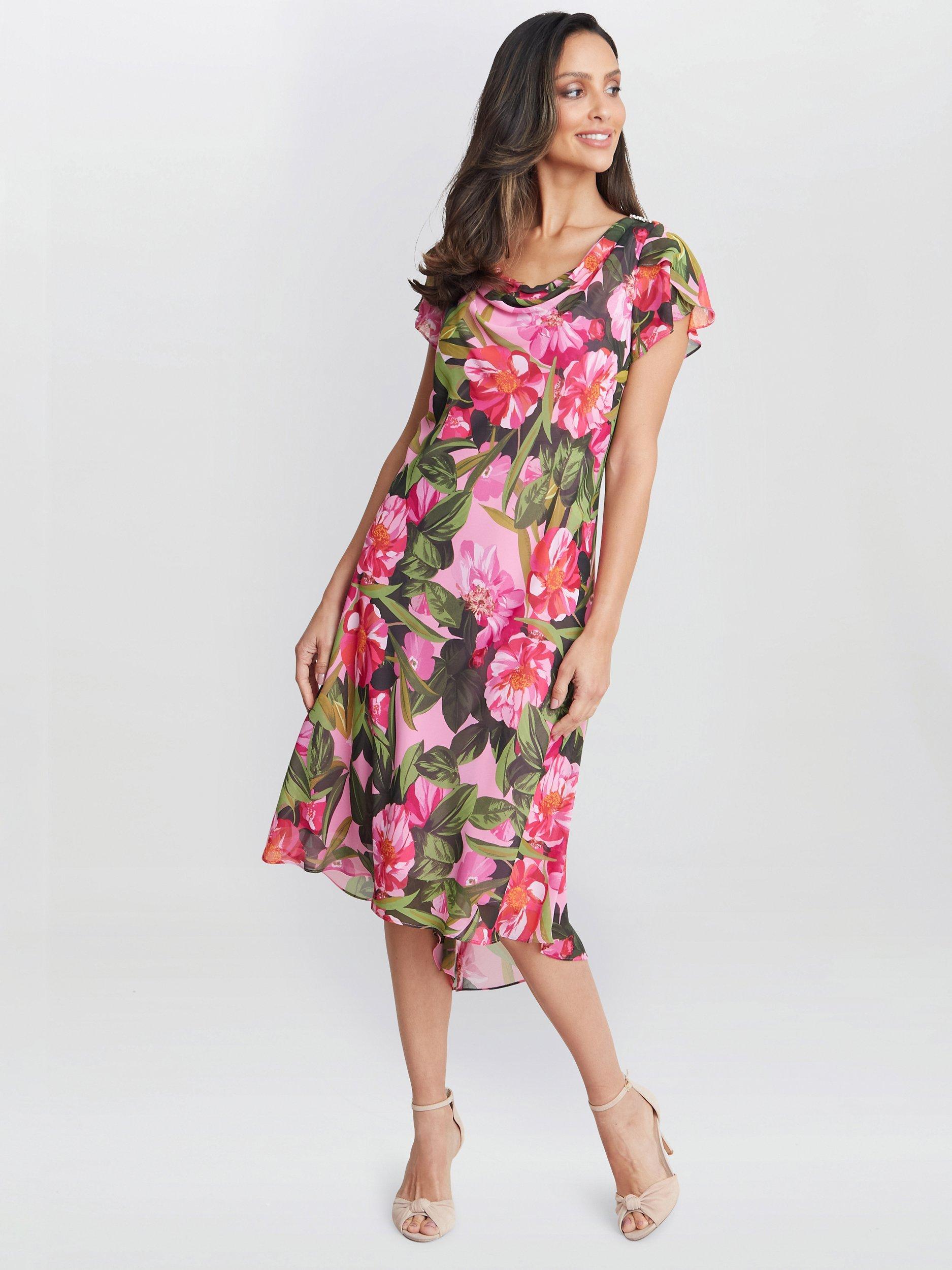 Product image 3 of 5, which shows Gina Bacconi Ophelia Midi Printed Cowl Neck Dress, Pink, 20