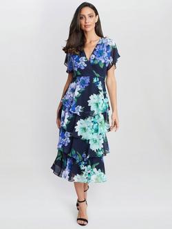 Gina Bacconi Marie Floral Tiered Dress, Navy/Multi, Navy/Multi