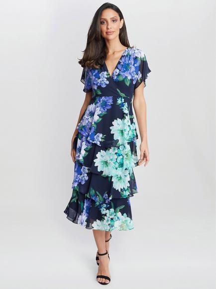 Gina Bacconi Marie Floral Tiered Dress, Navy/Multi, Navy/Multi